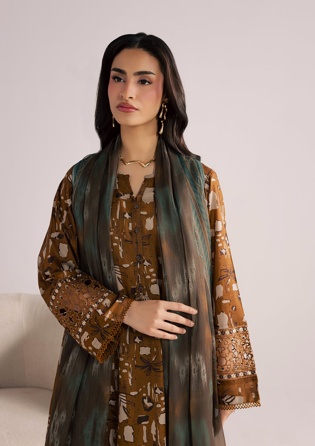 lawn Kurta Set in Caramel brown