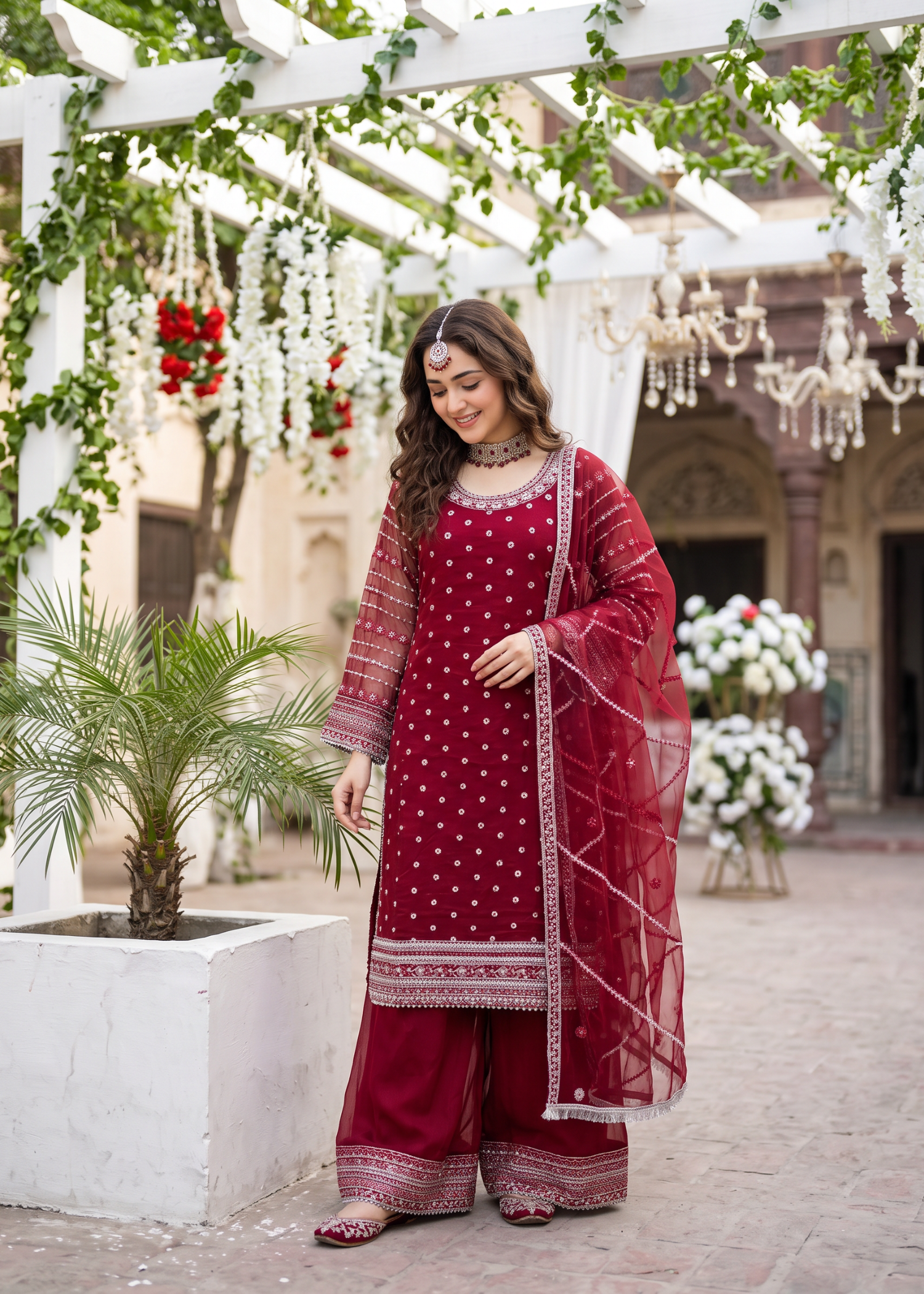 chiffon Kurta Set in Sangria