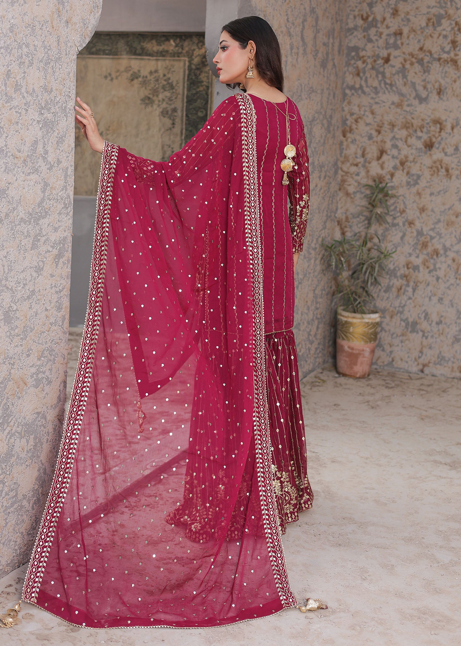 chiffon Gharara in Maroon