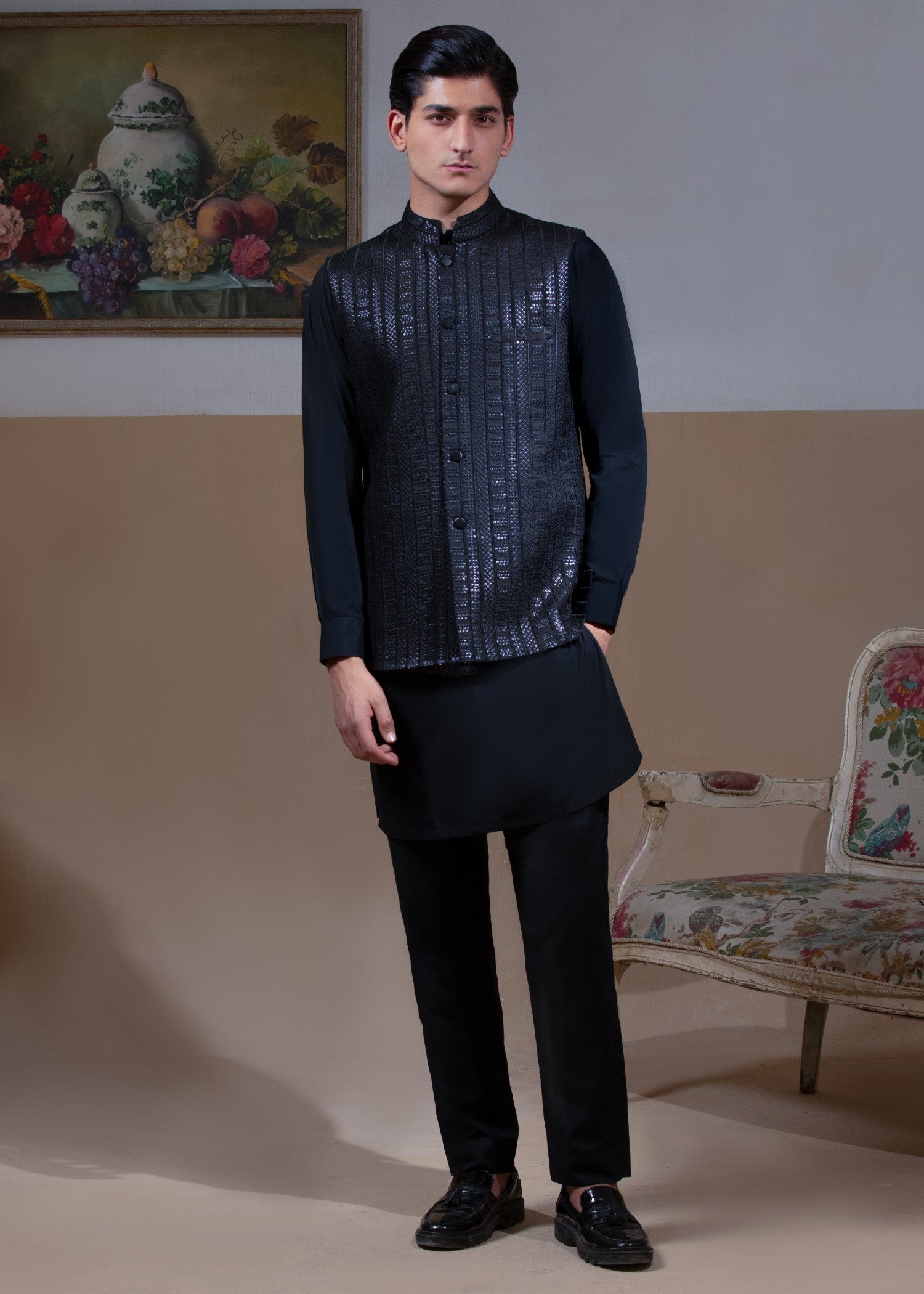 pk raw silk Waistcoat in Black