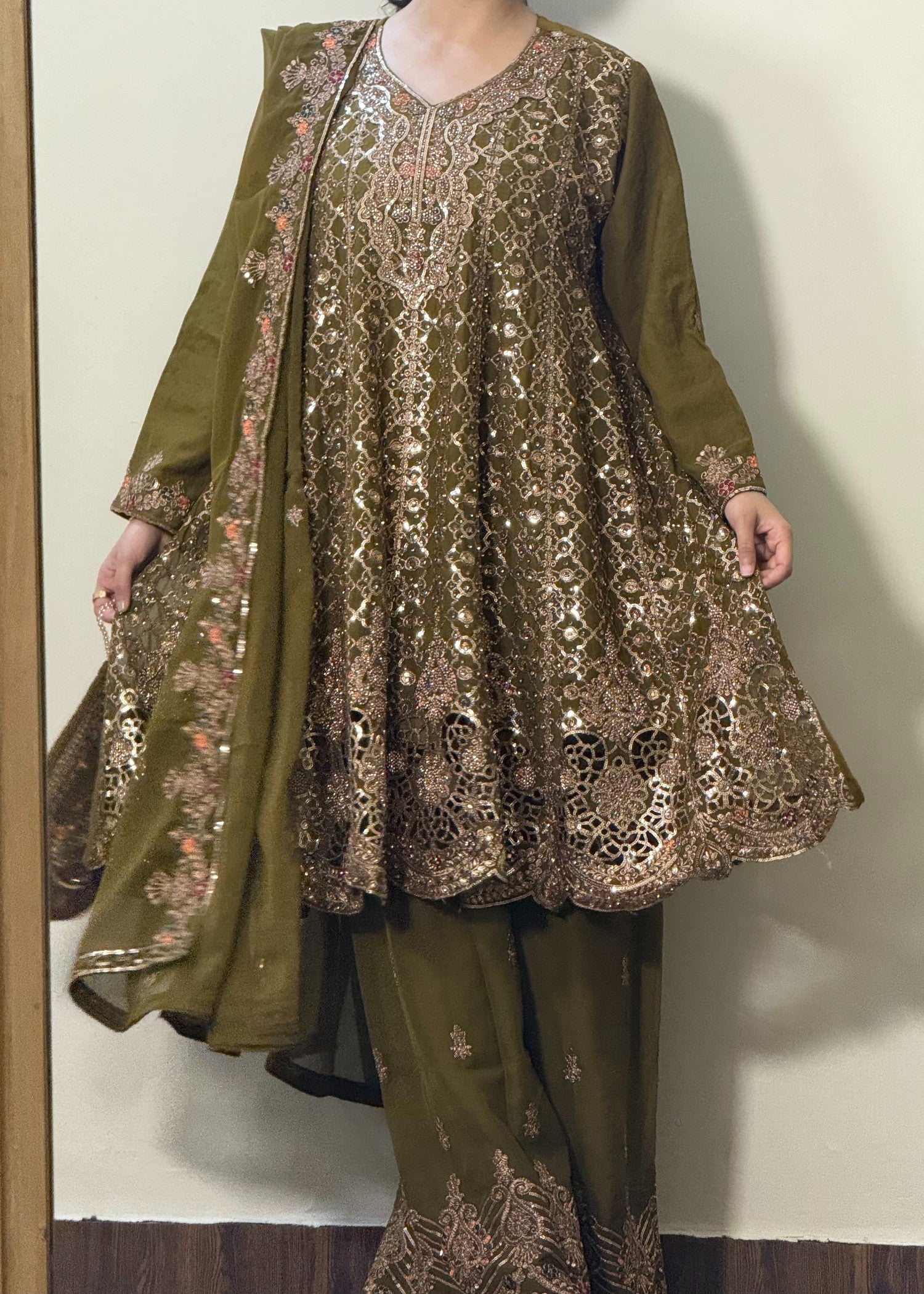 chiffon Short Frock in Olive green