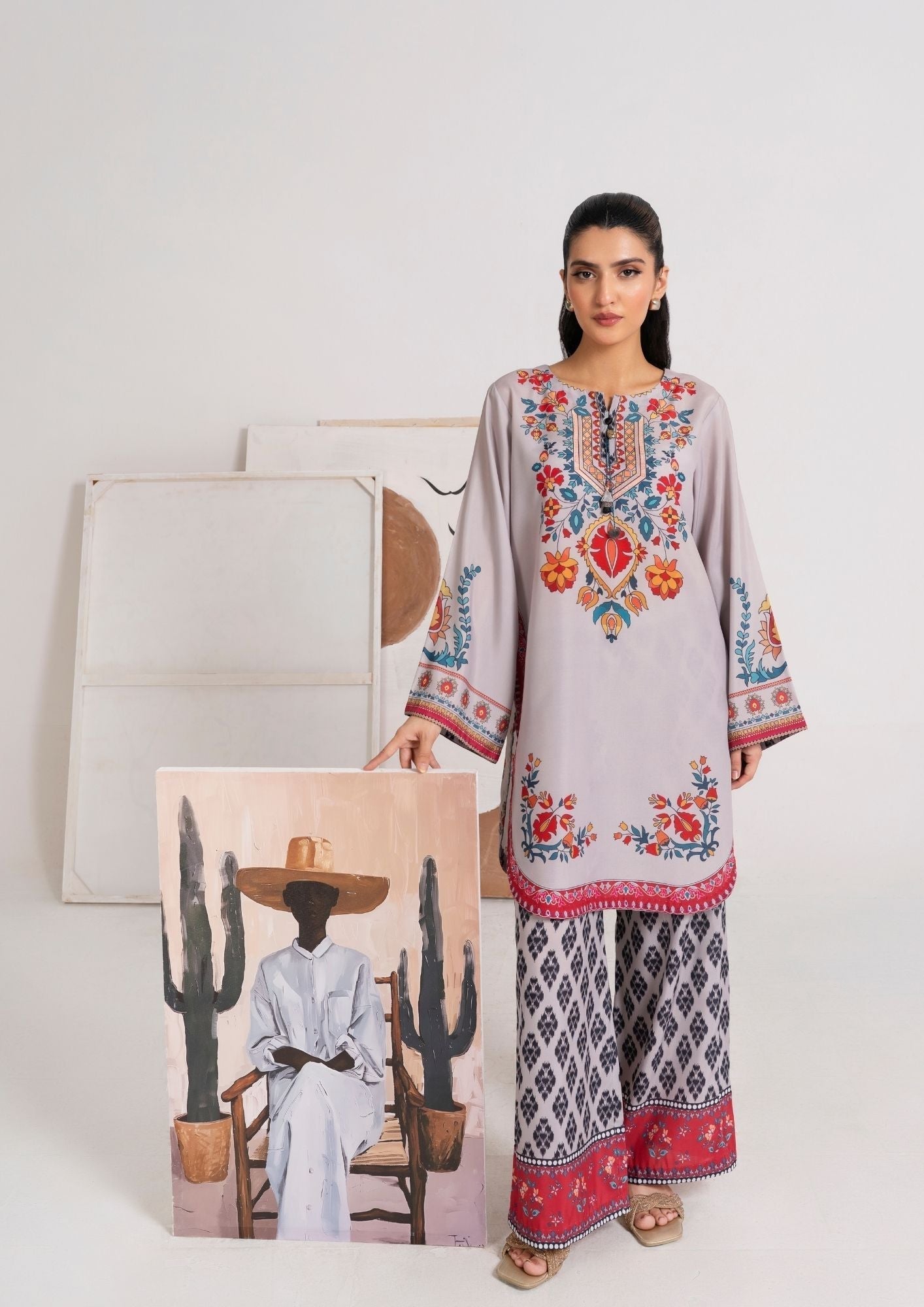 swiss cotton Kurta Set in Grey