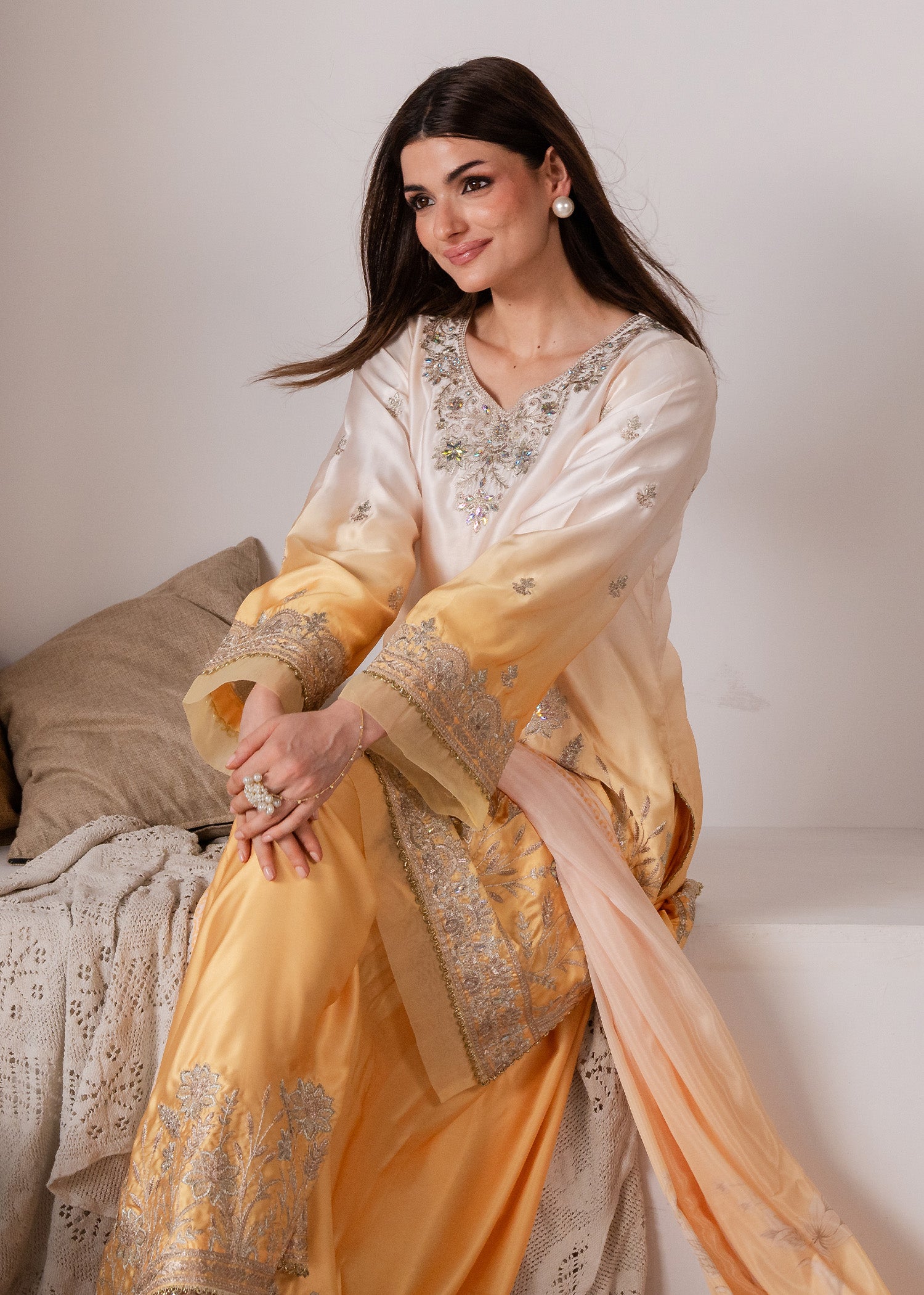 charmuse/shamooz Kurta Set in Off-white, goldfish orange