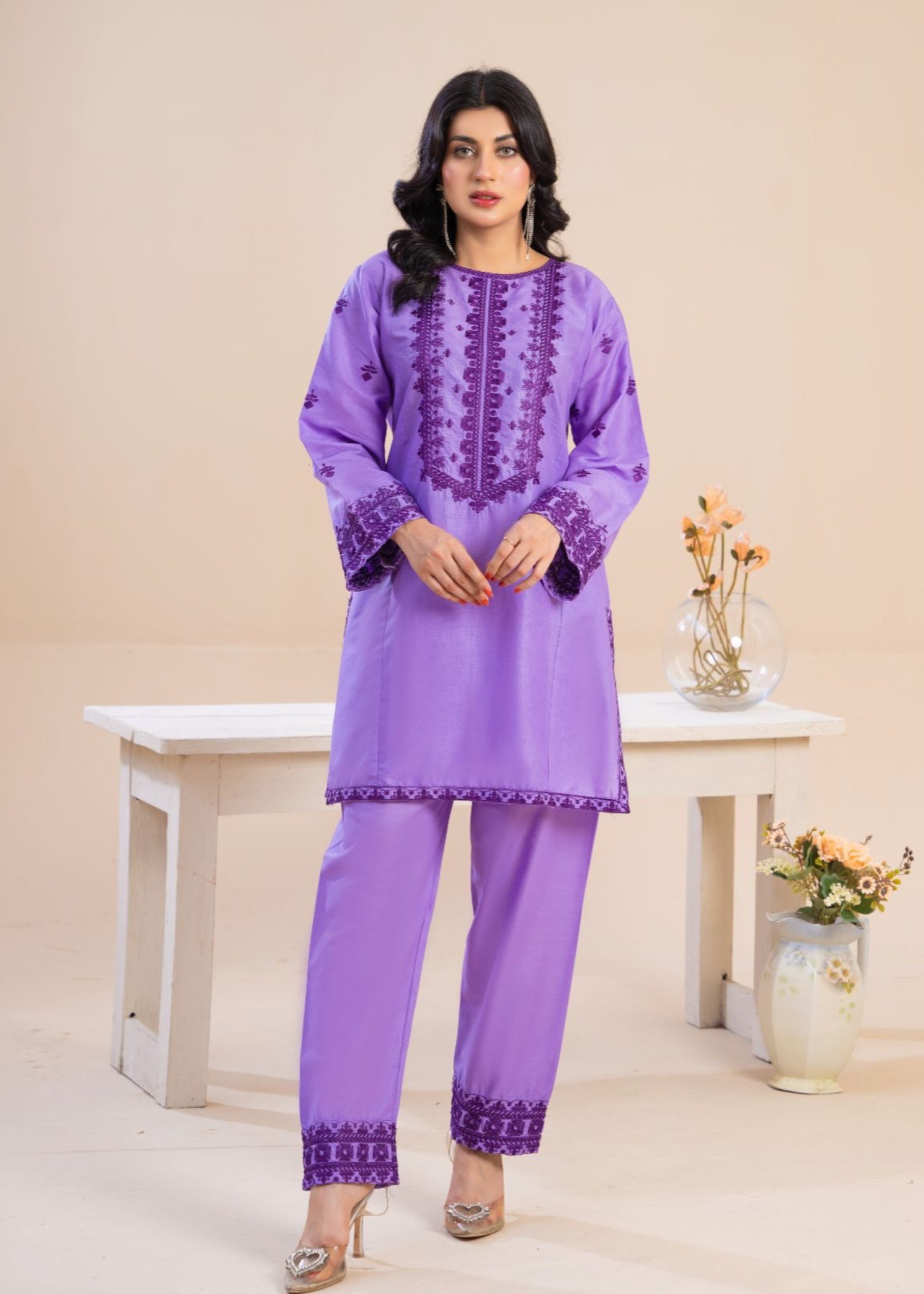 cambric Kurta Set in Heathered lilac