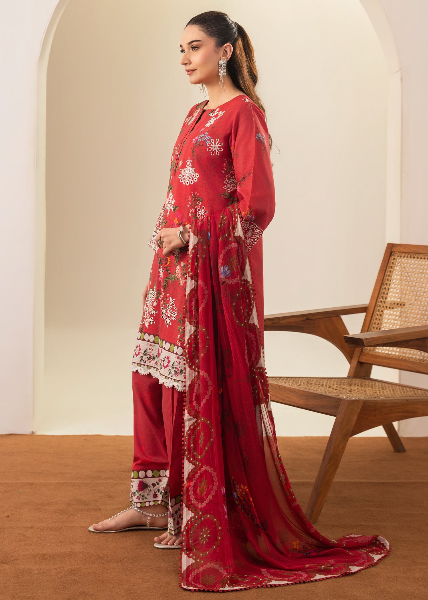 ribbed lawn Kurta Set in Red