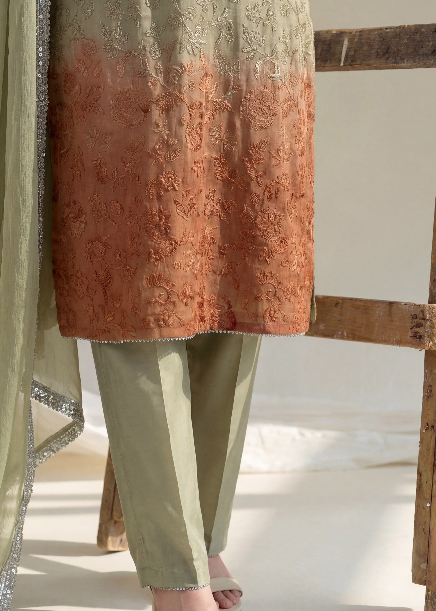 khaddi net Kurta Set in Sage green