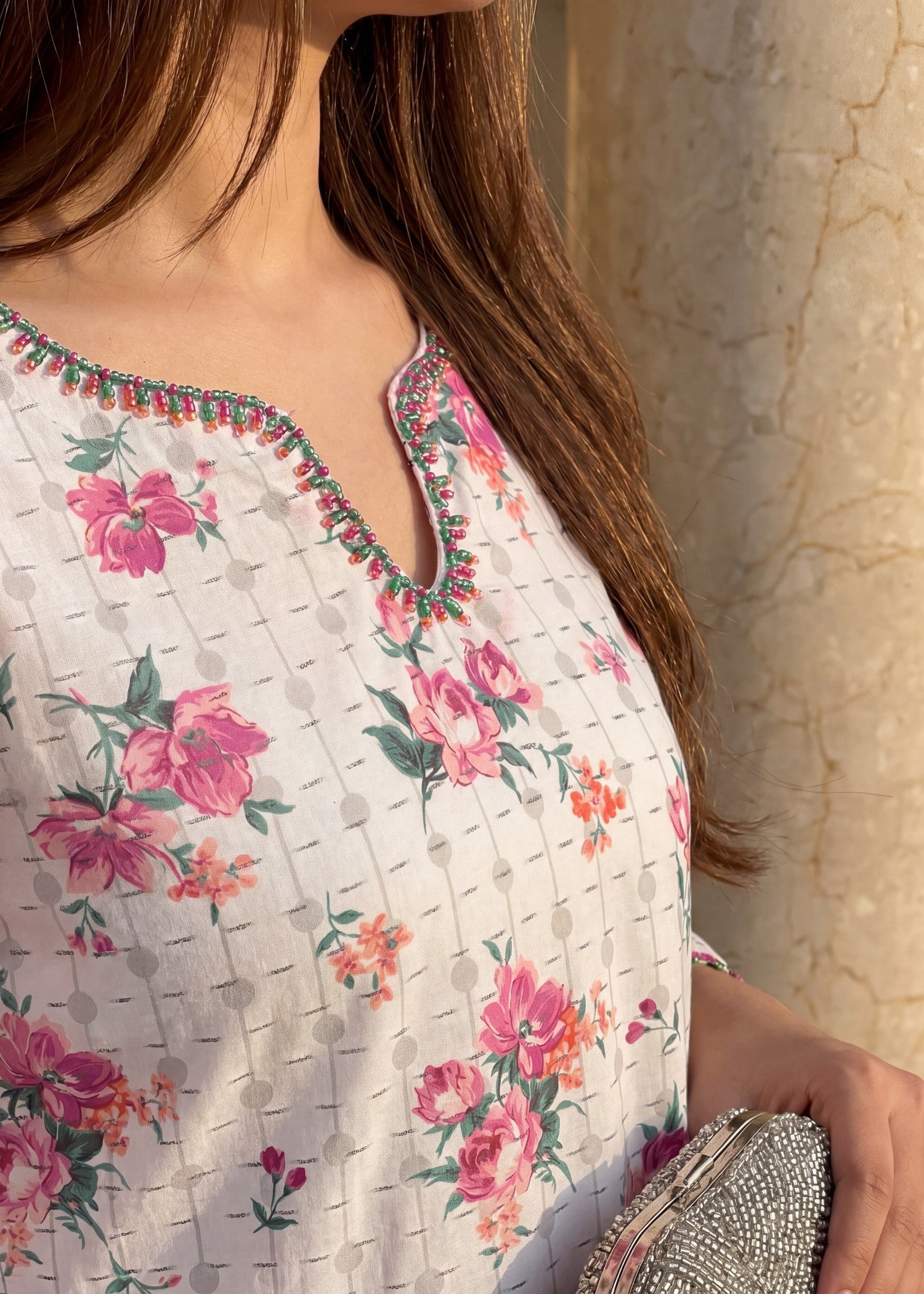 textured lawn Kurta Set in Ivory