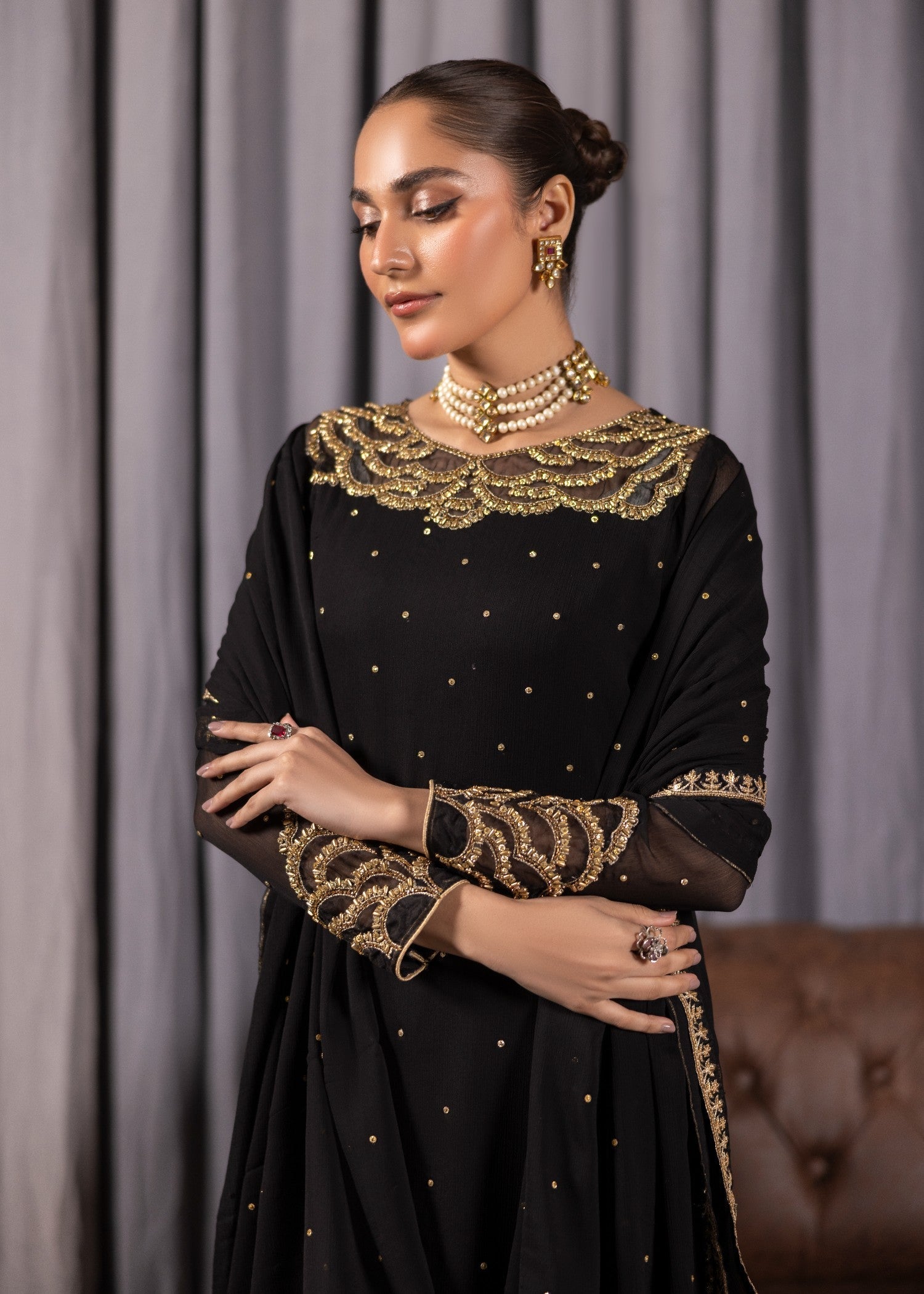 bemberg crinkle chiffon Kurta Set in Jet black