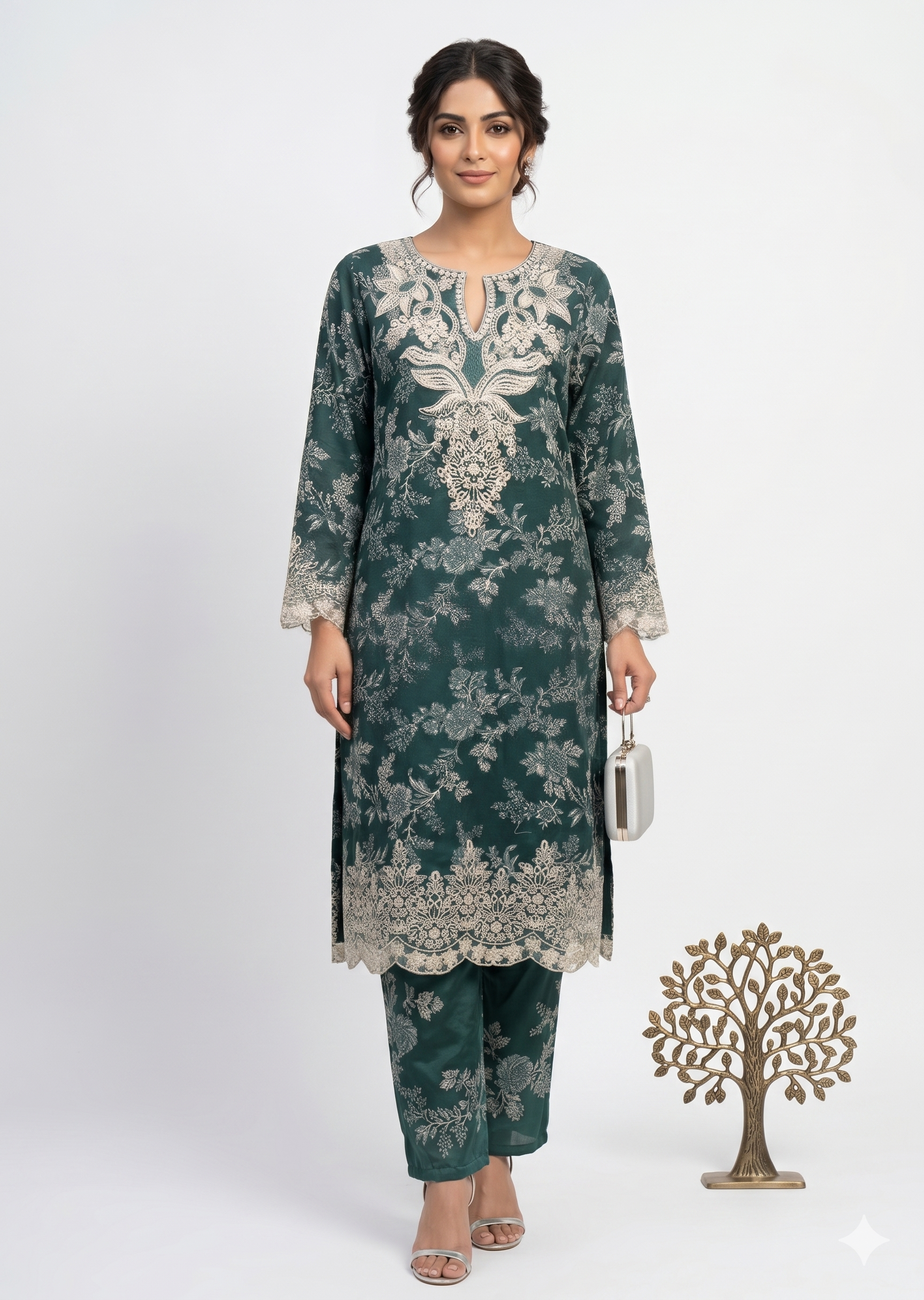 poly lawn Kurta Set in Forest green, off-white