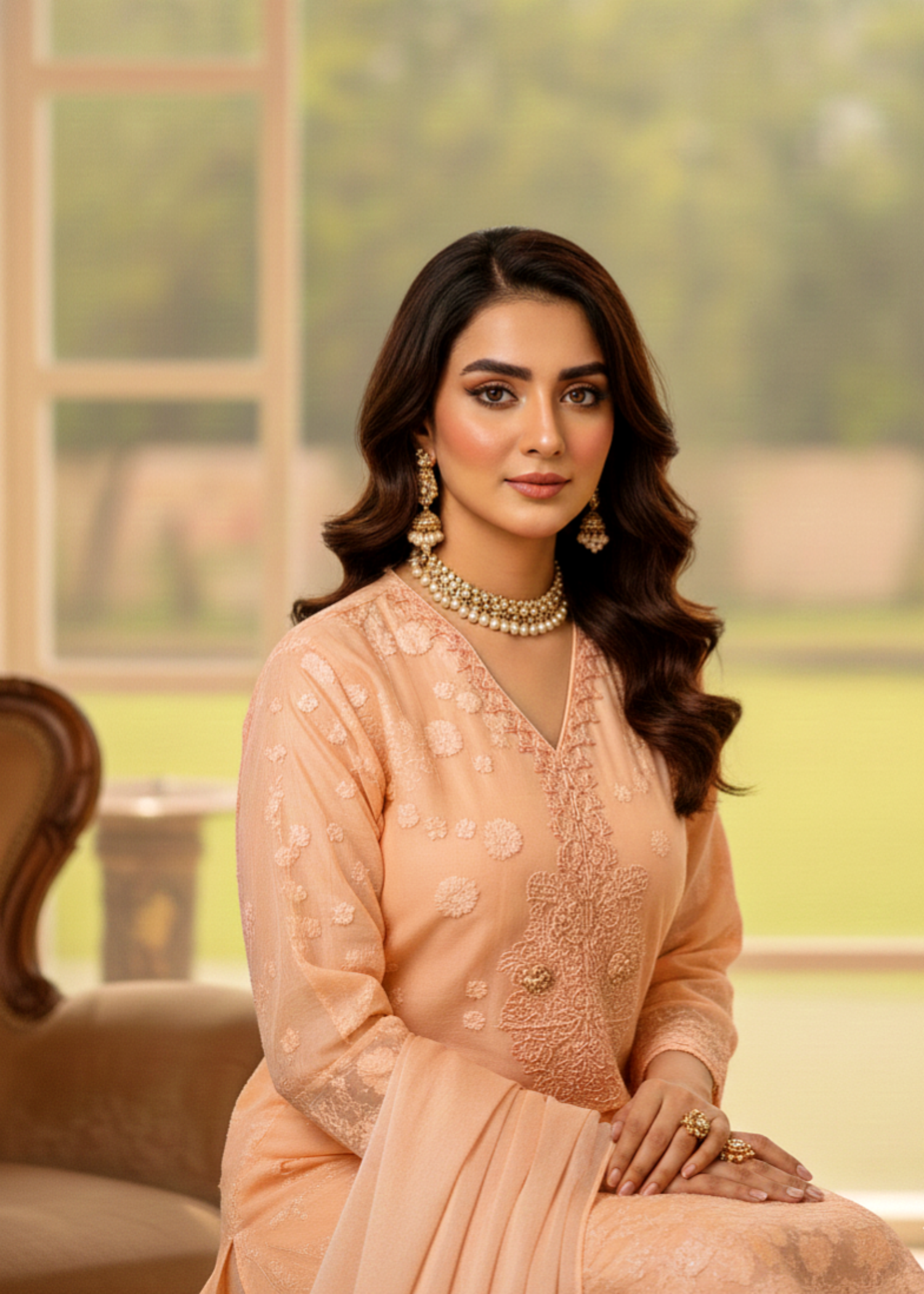 chiffon silk Kurta Set in Peach orange