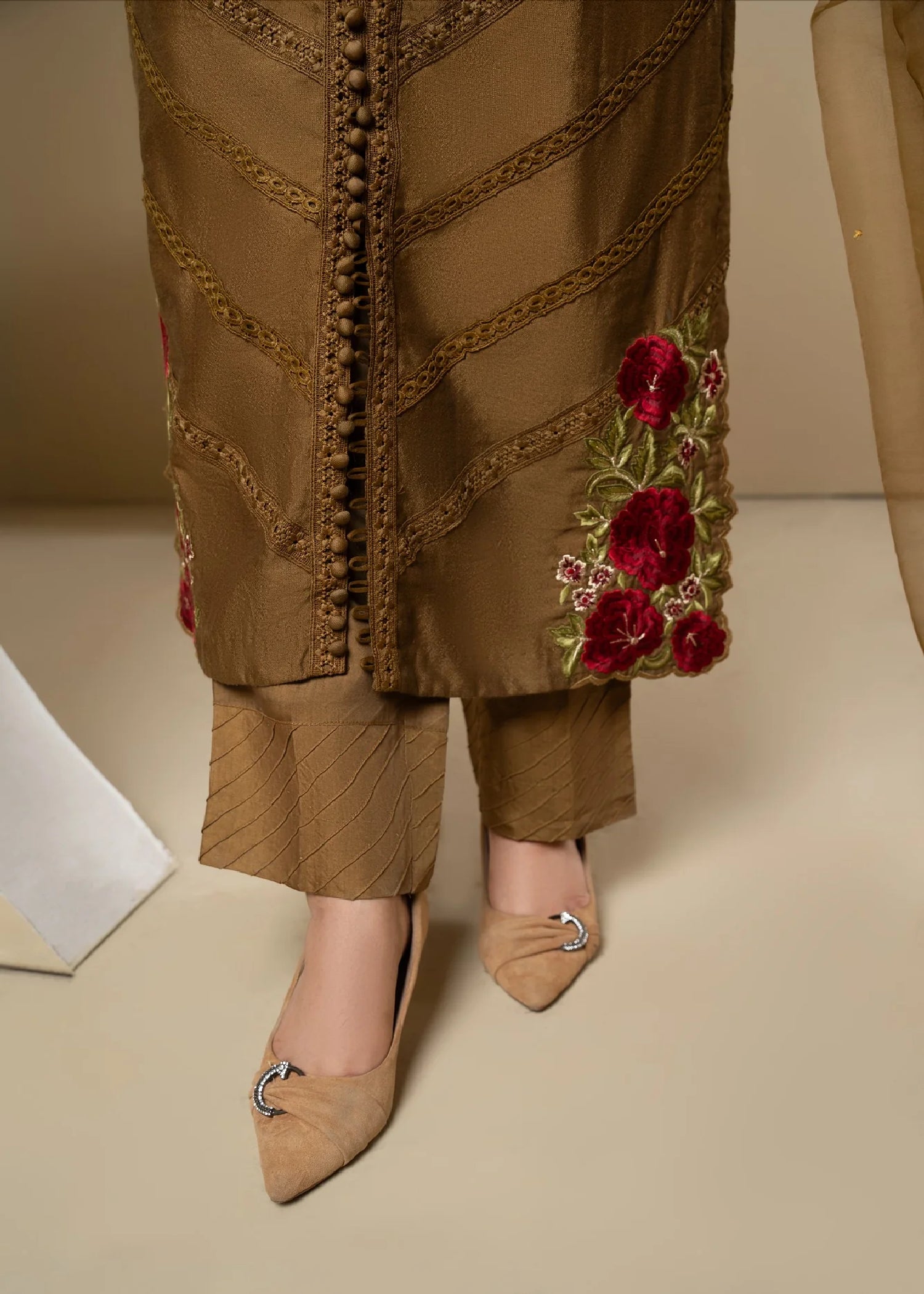 silk cotton net Kurta Set in Brown