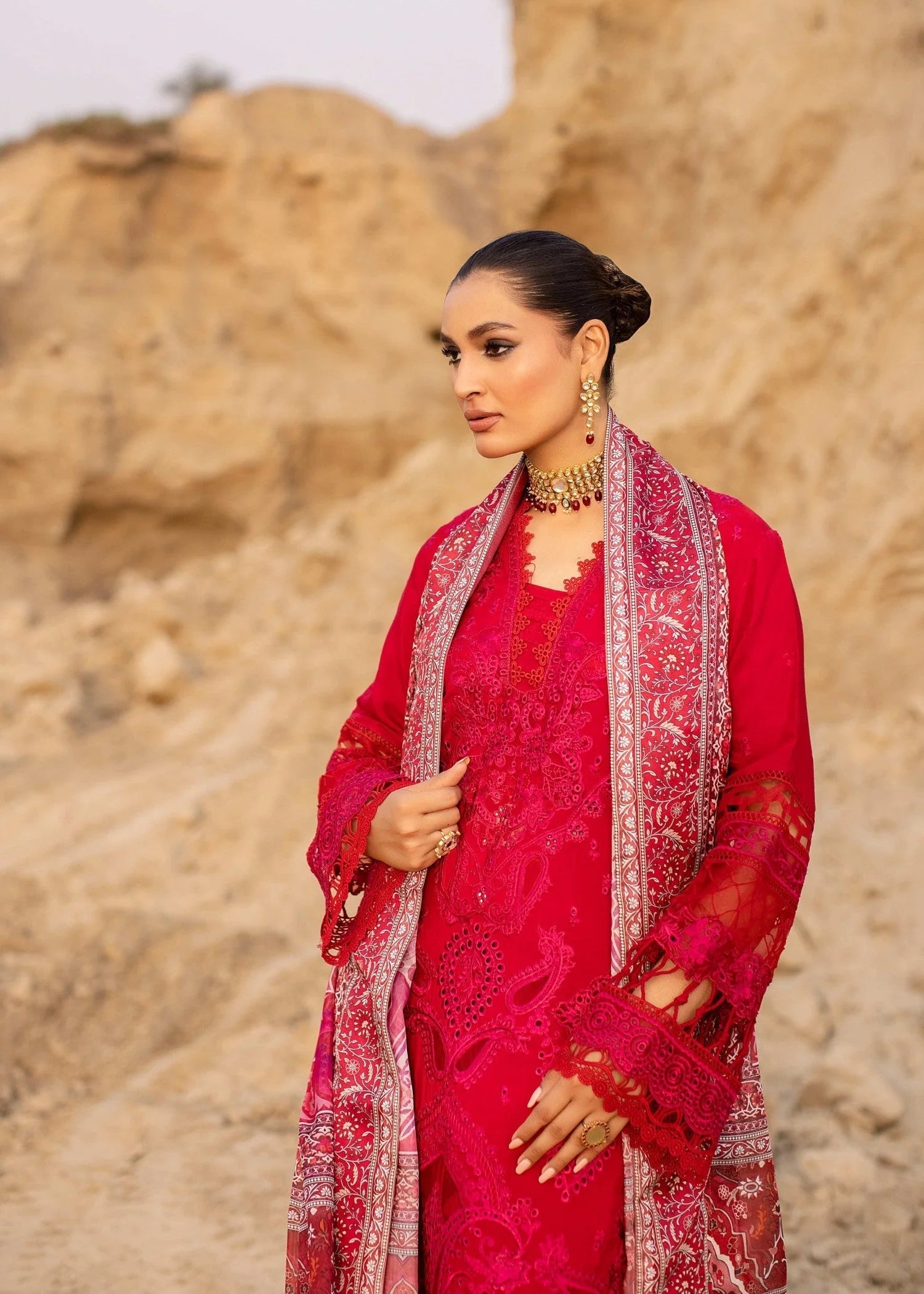raw silk Kurta Set in Hot pink red