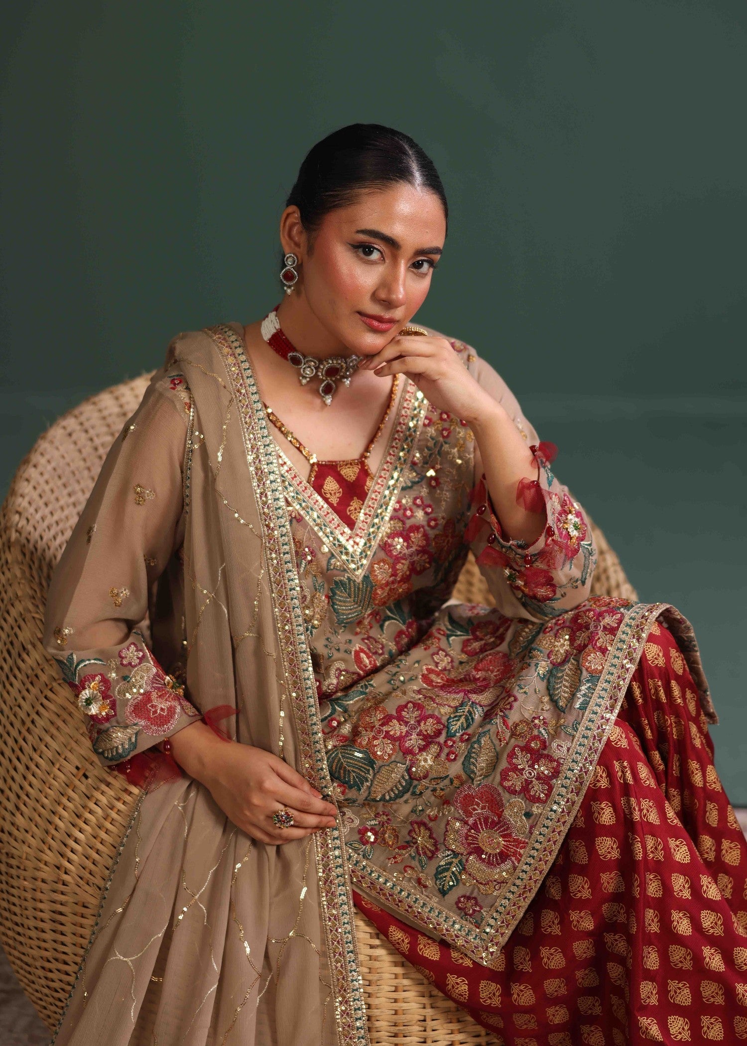 crinkle chiffon Kurta Set in Warm grey
