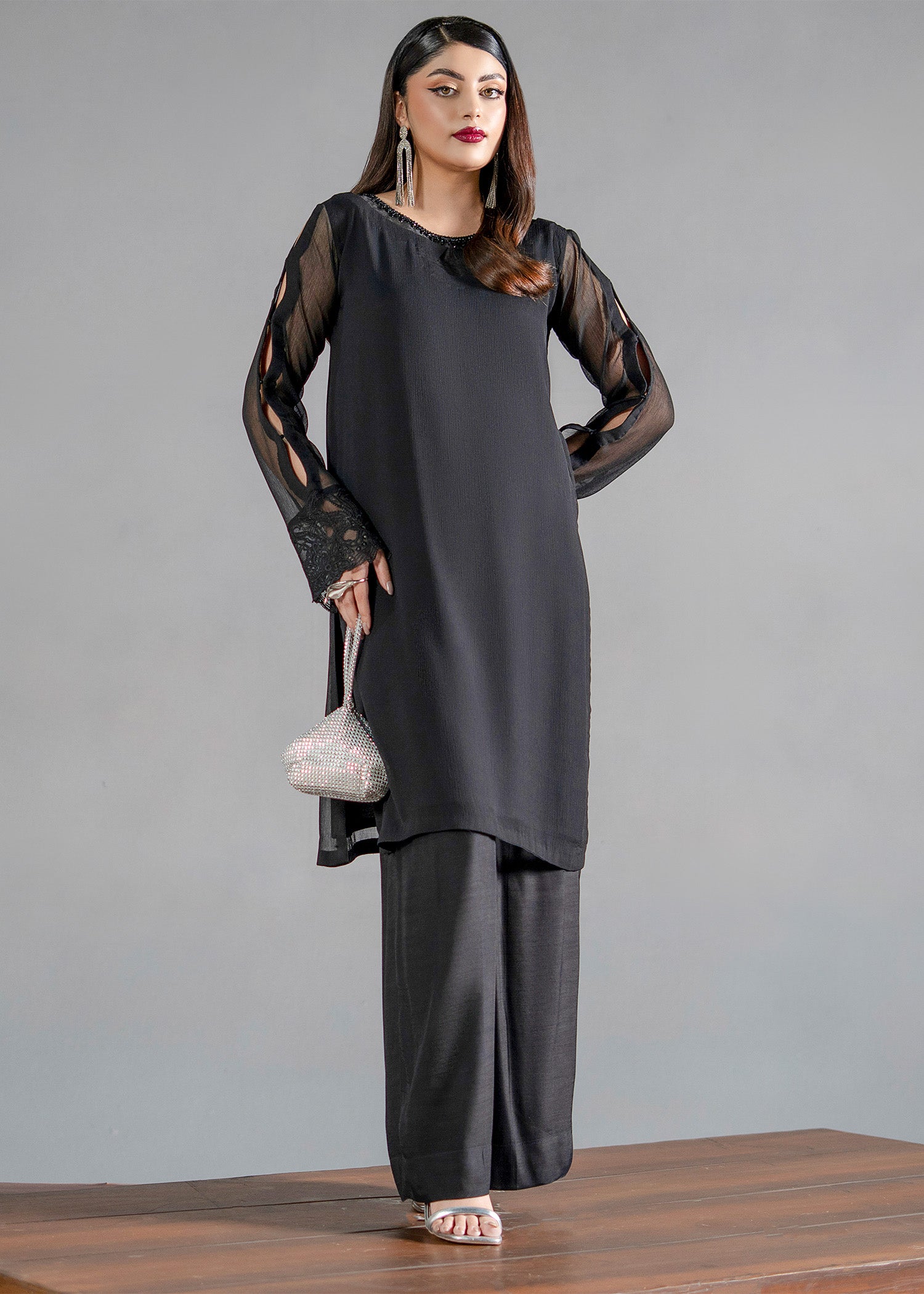 chiffon Kurta Set in Black