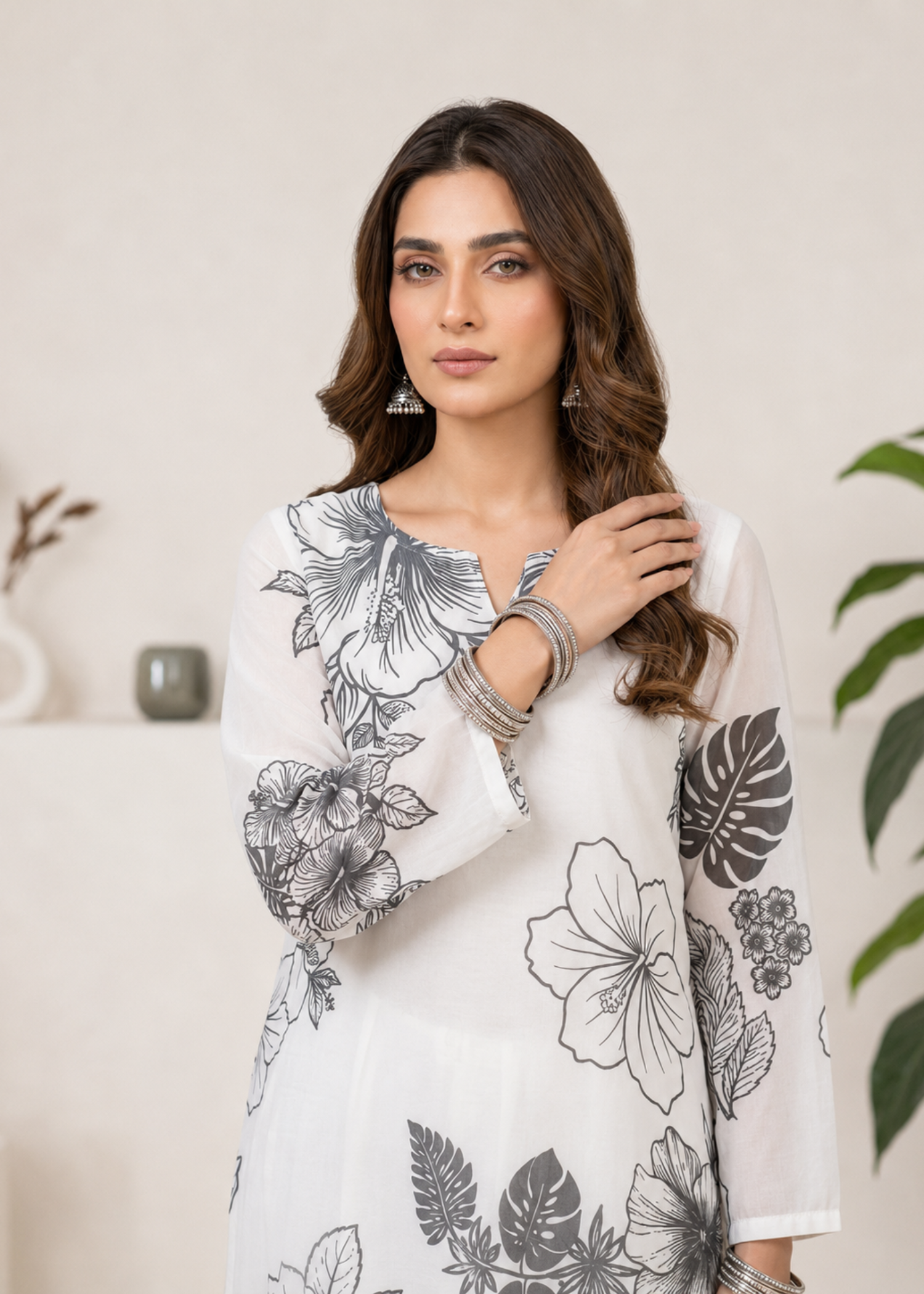 chiffon Kurta Set in Black, white