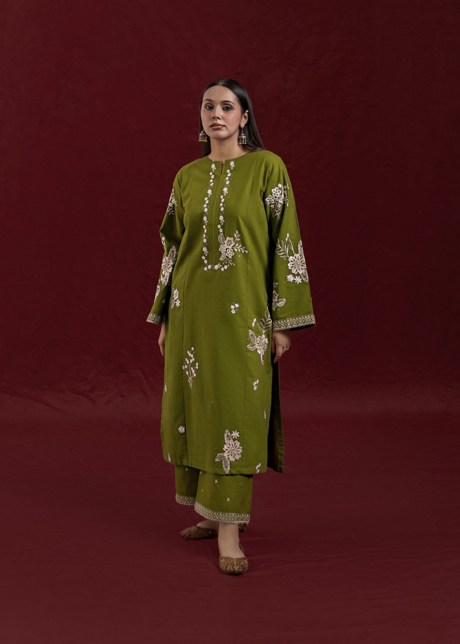 slub khaddar Kurta Set in Olive green