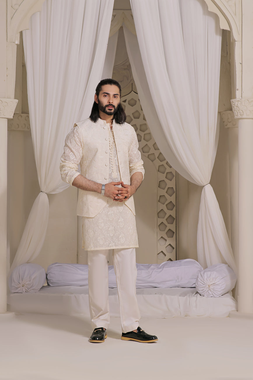 cotton Waistcoat in White by Wajahat Mansoor