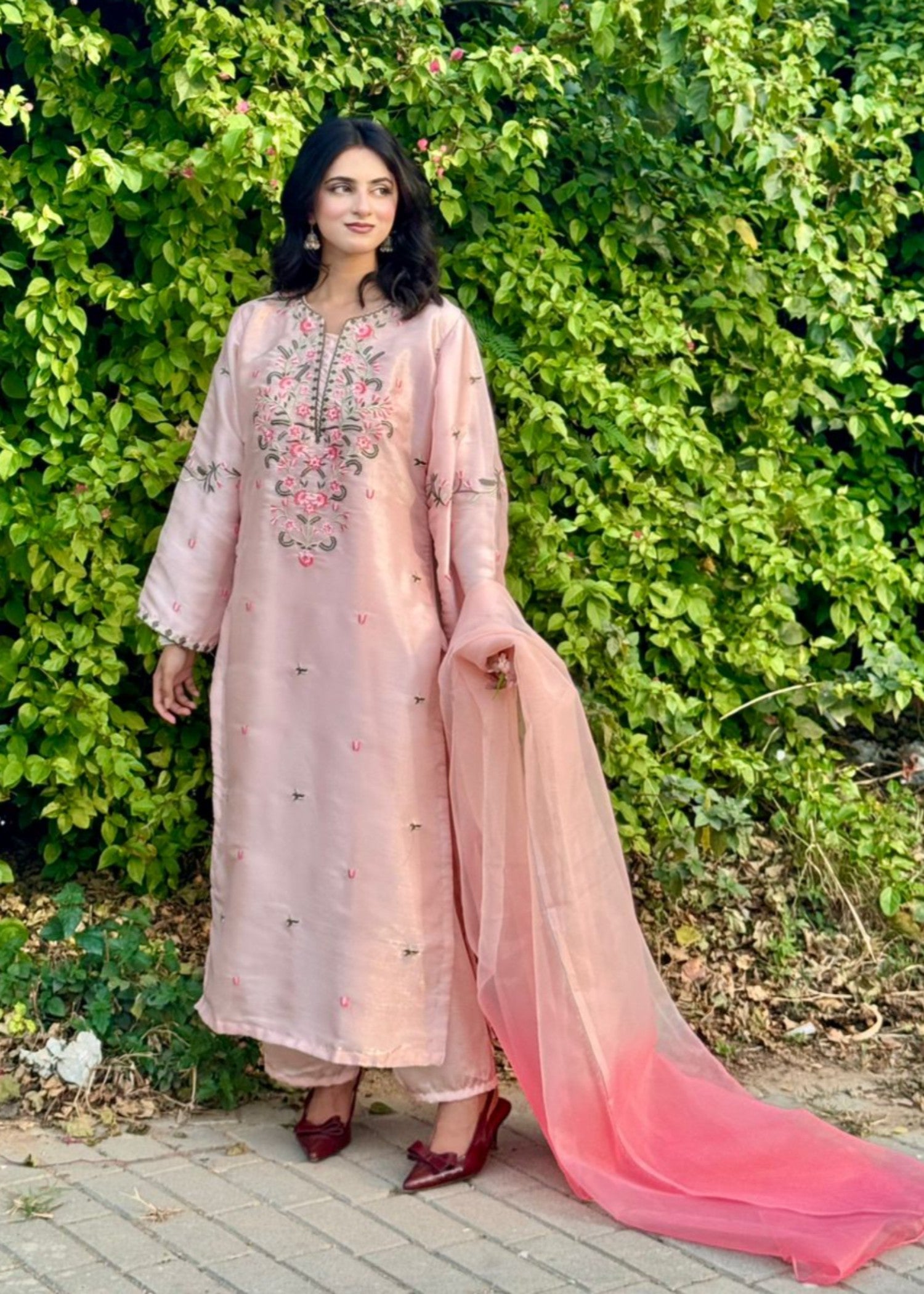 tussar silk Kurta Set in Tea rose pink