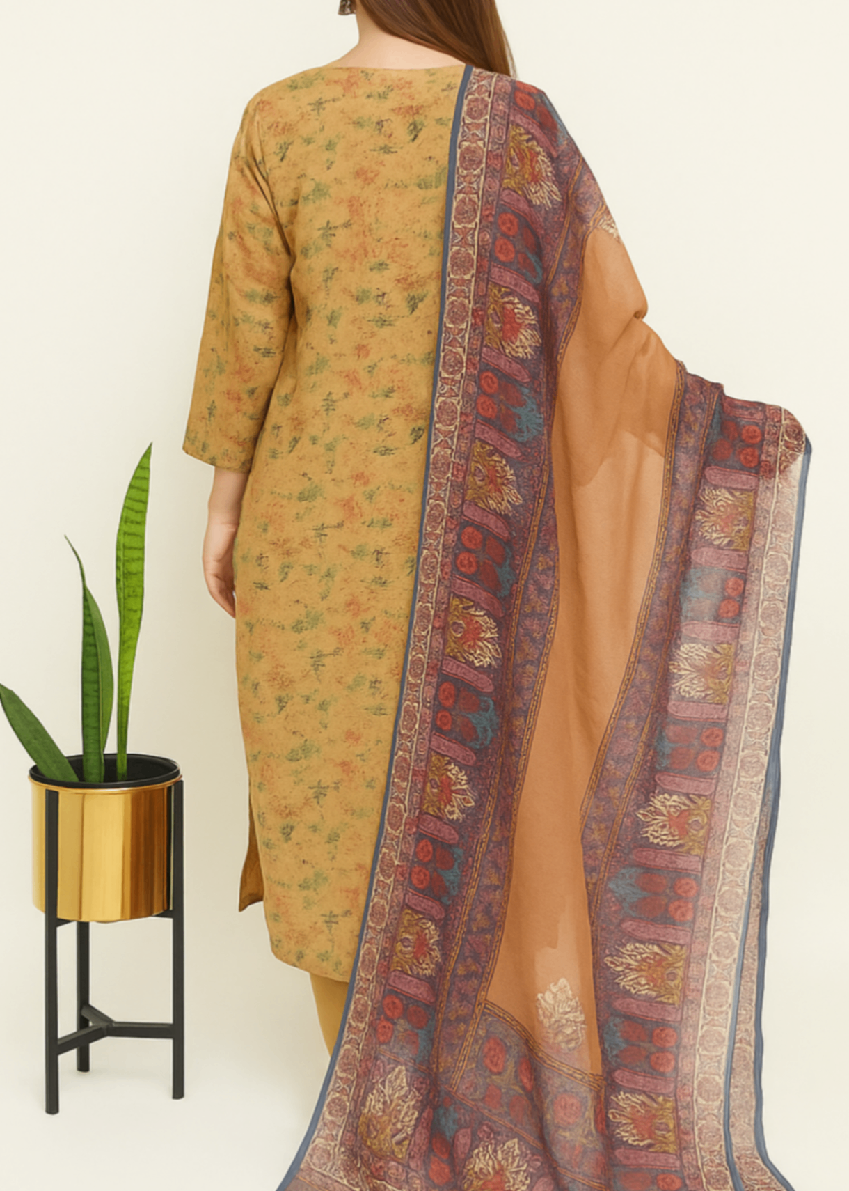 swiss lawn Kurta Set in Camel brown