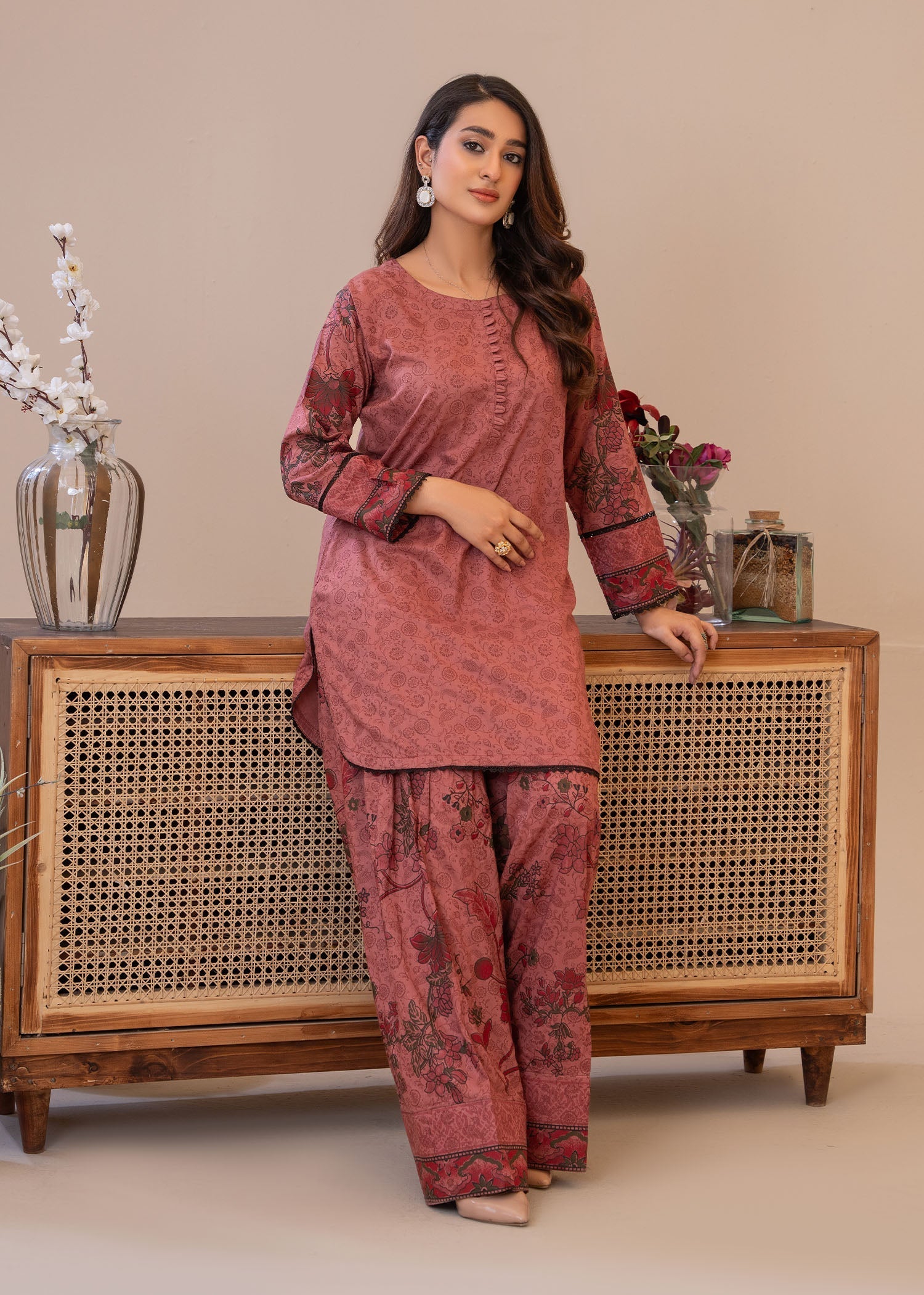 lawn Kurta Set in Tawny brown