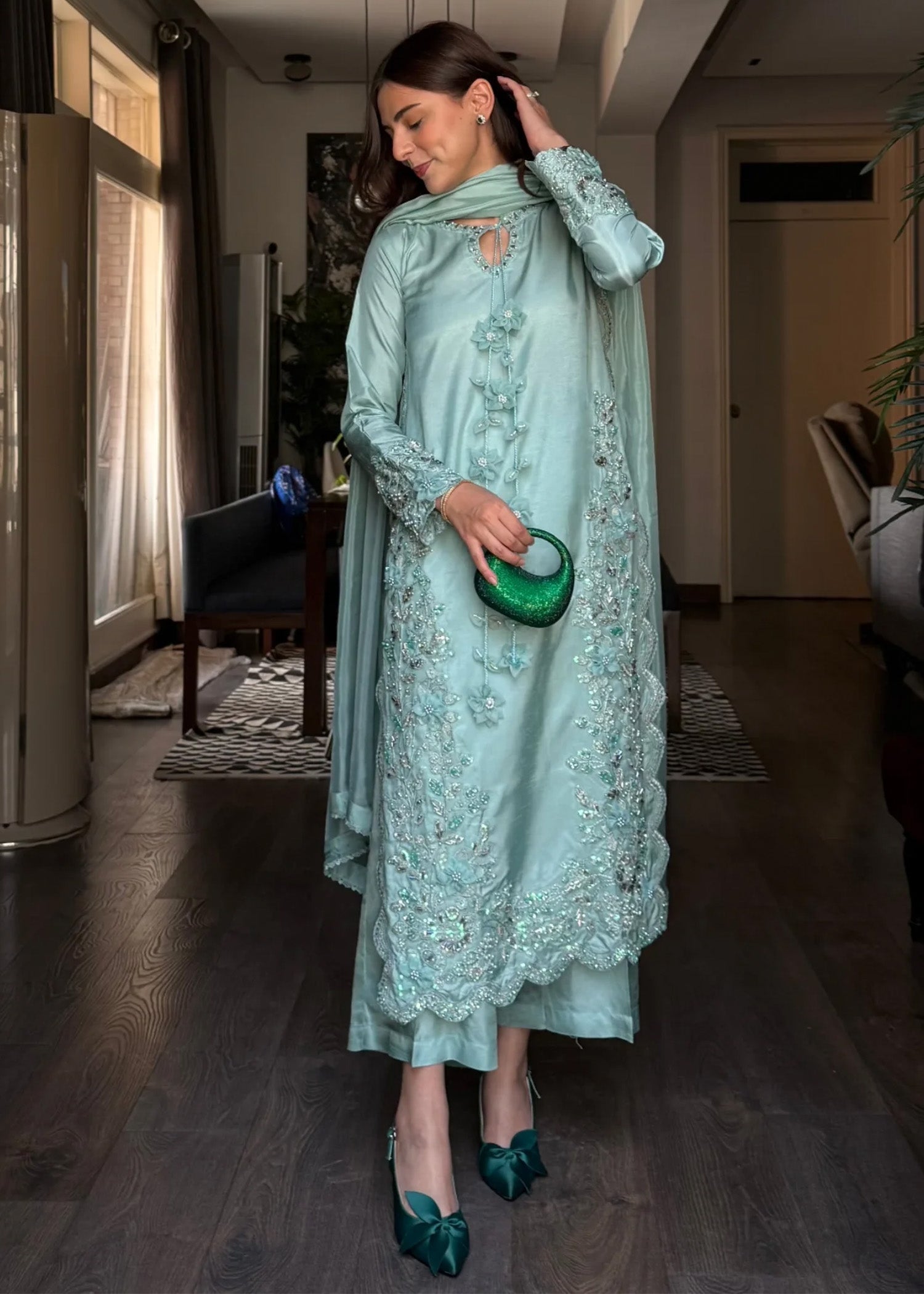 raw silk Kurta Set in Light blue