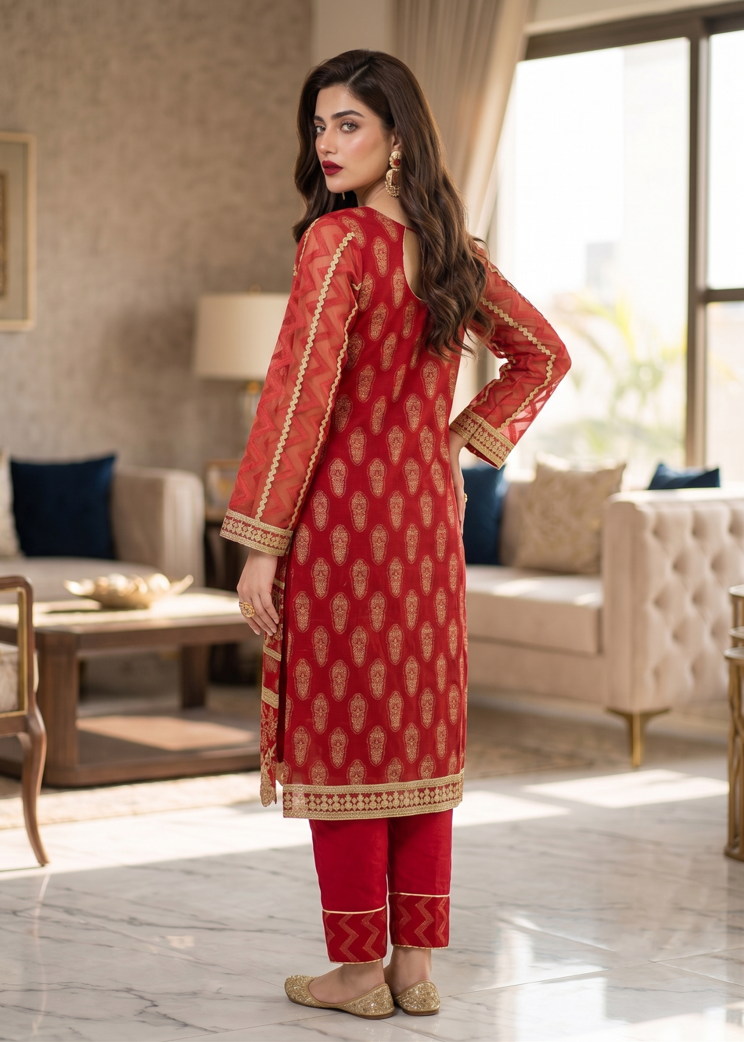 jacquard Kurta Set in Red