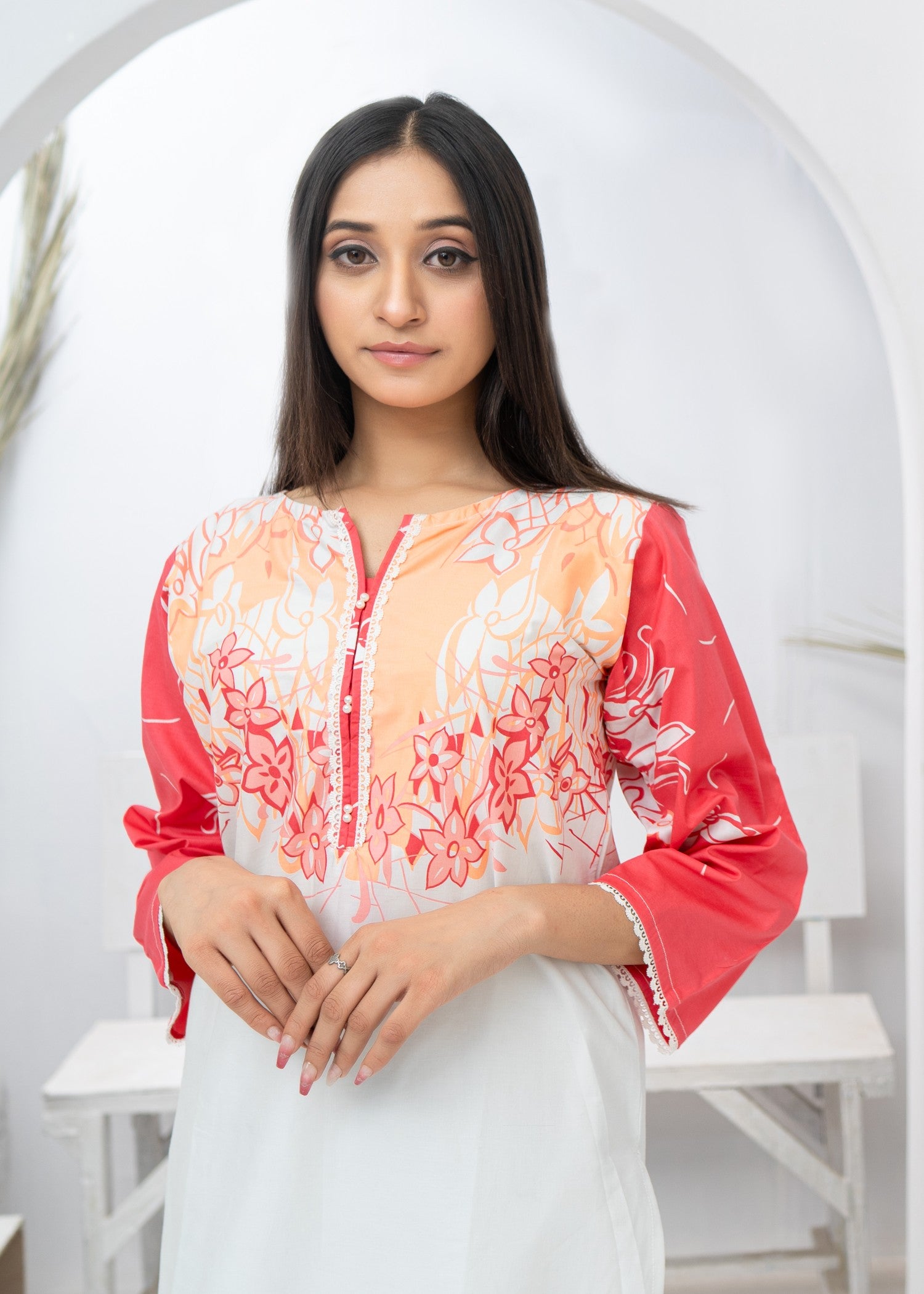 cotton Kurta Set in White, hot pink red