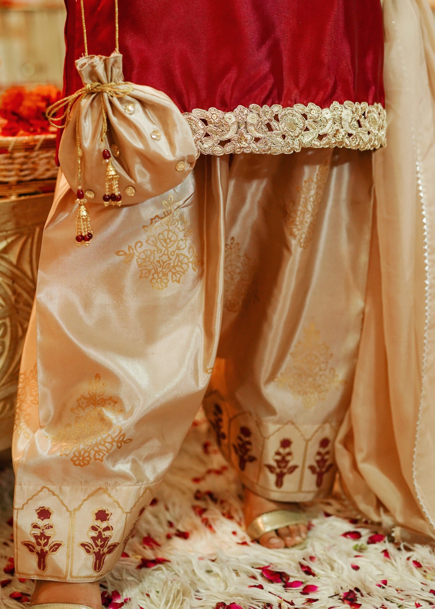 korean raw silk Kurta Set in Red, gold