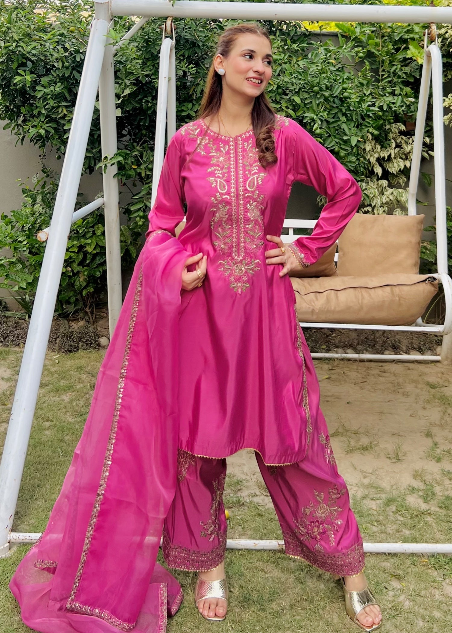 silk Kurta Set in Zinnia pink