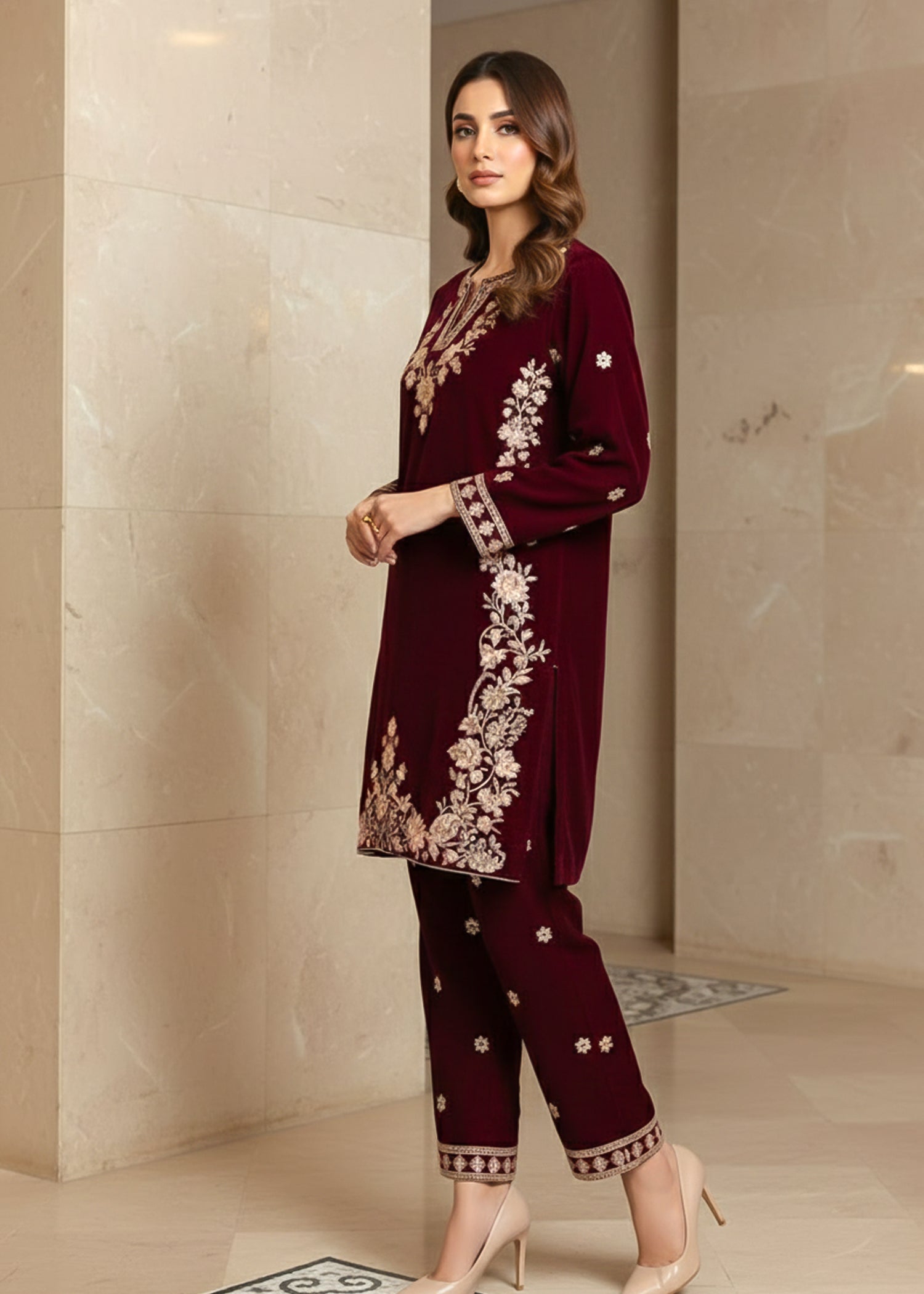chinese micro velvet 9000 Kurta Set in Maroon
