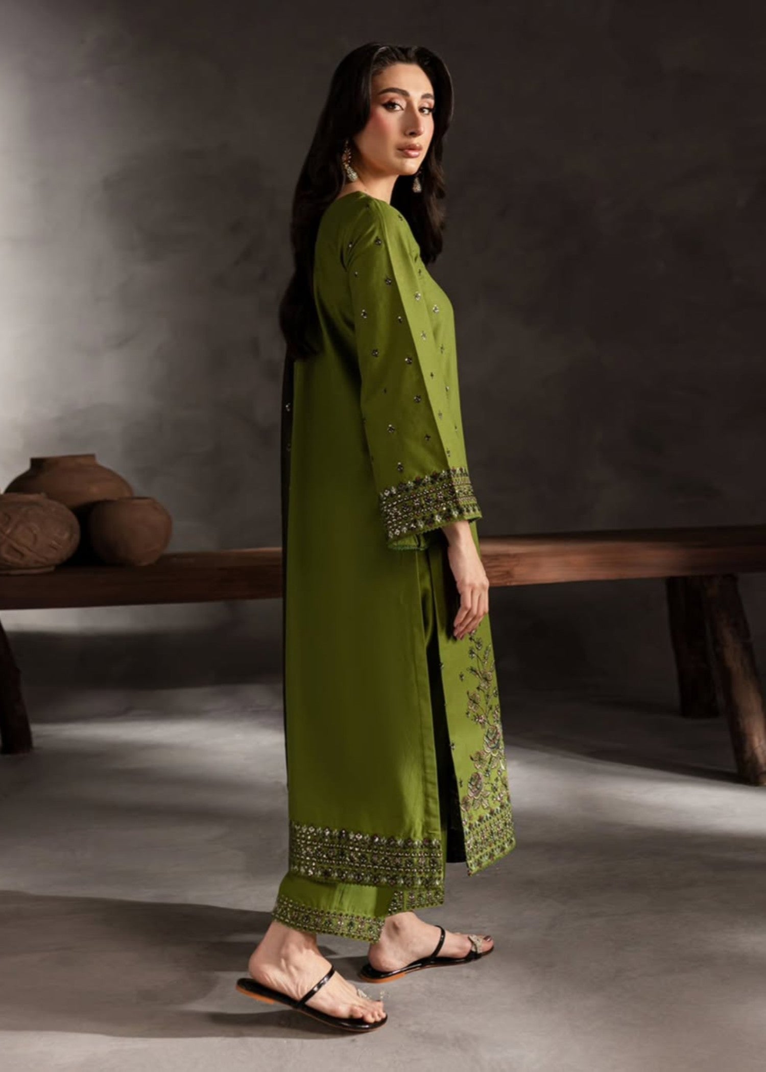 linen Kurta Set in Olive green
