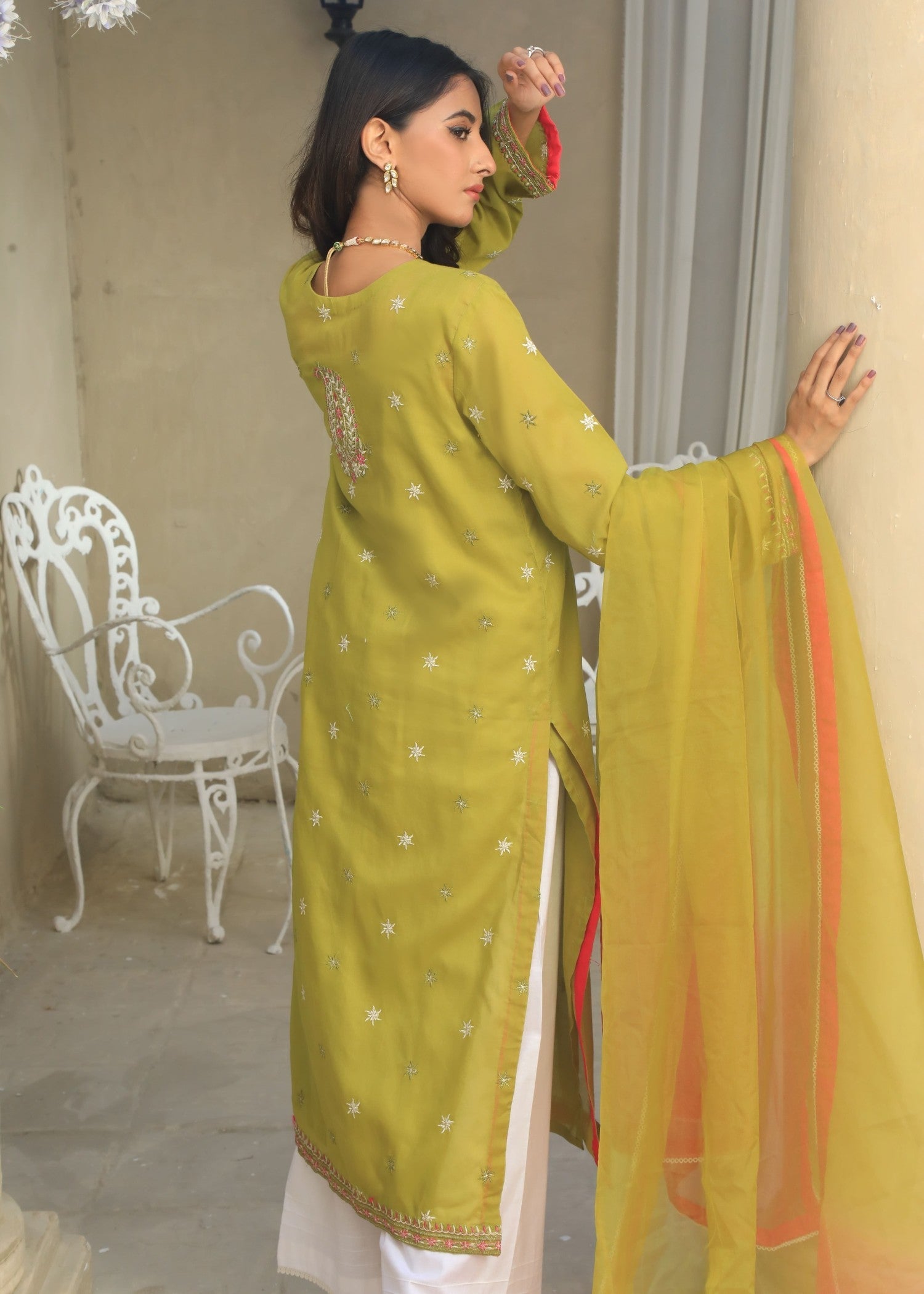 voile Kurta Set in Lime green