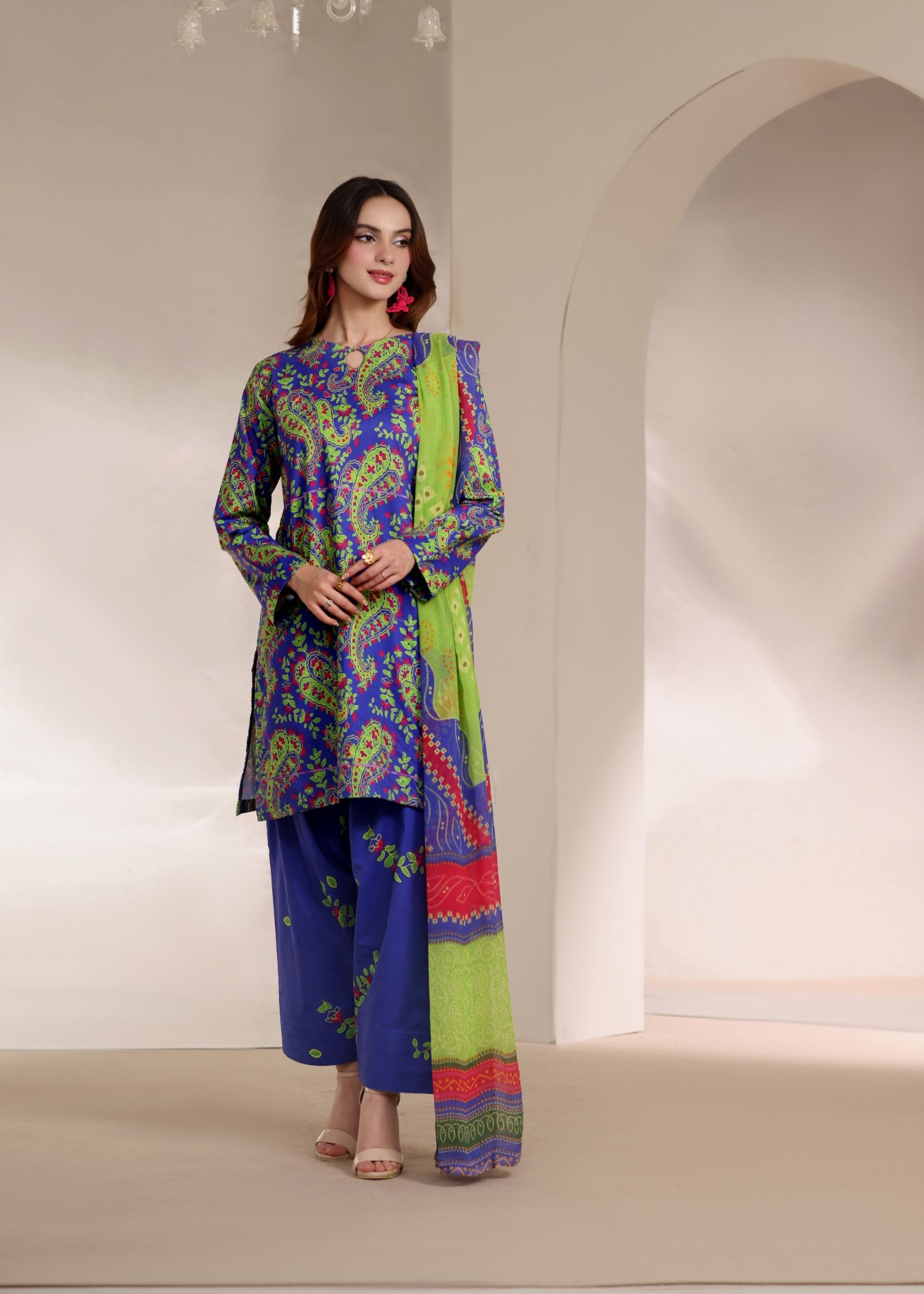 lawn Kurta Set in Apple green, dark blue