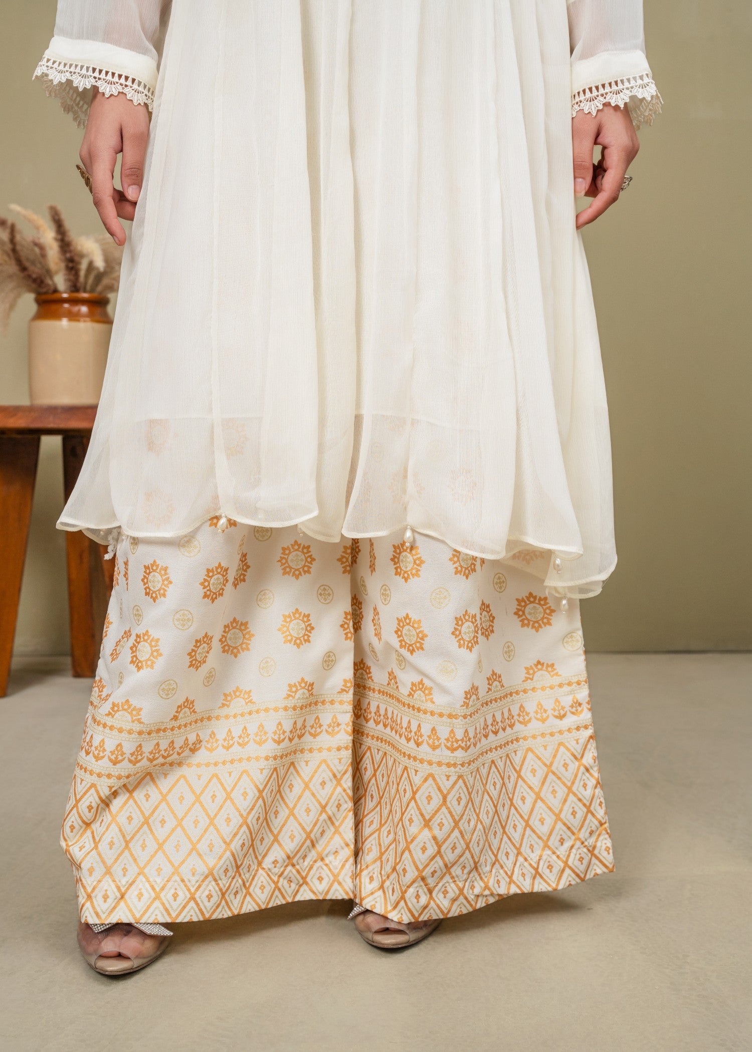 chiffon Short Frock in White, floral white