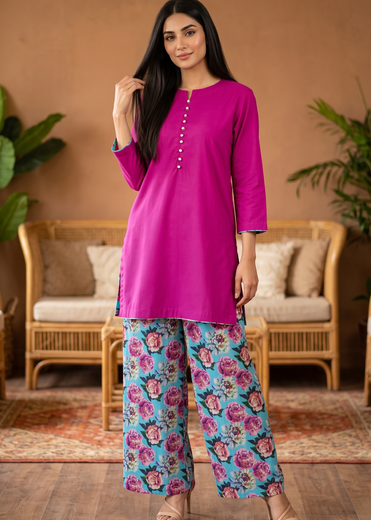 lawn cotton Kurta Set in Magenta haze