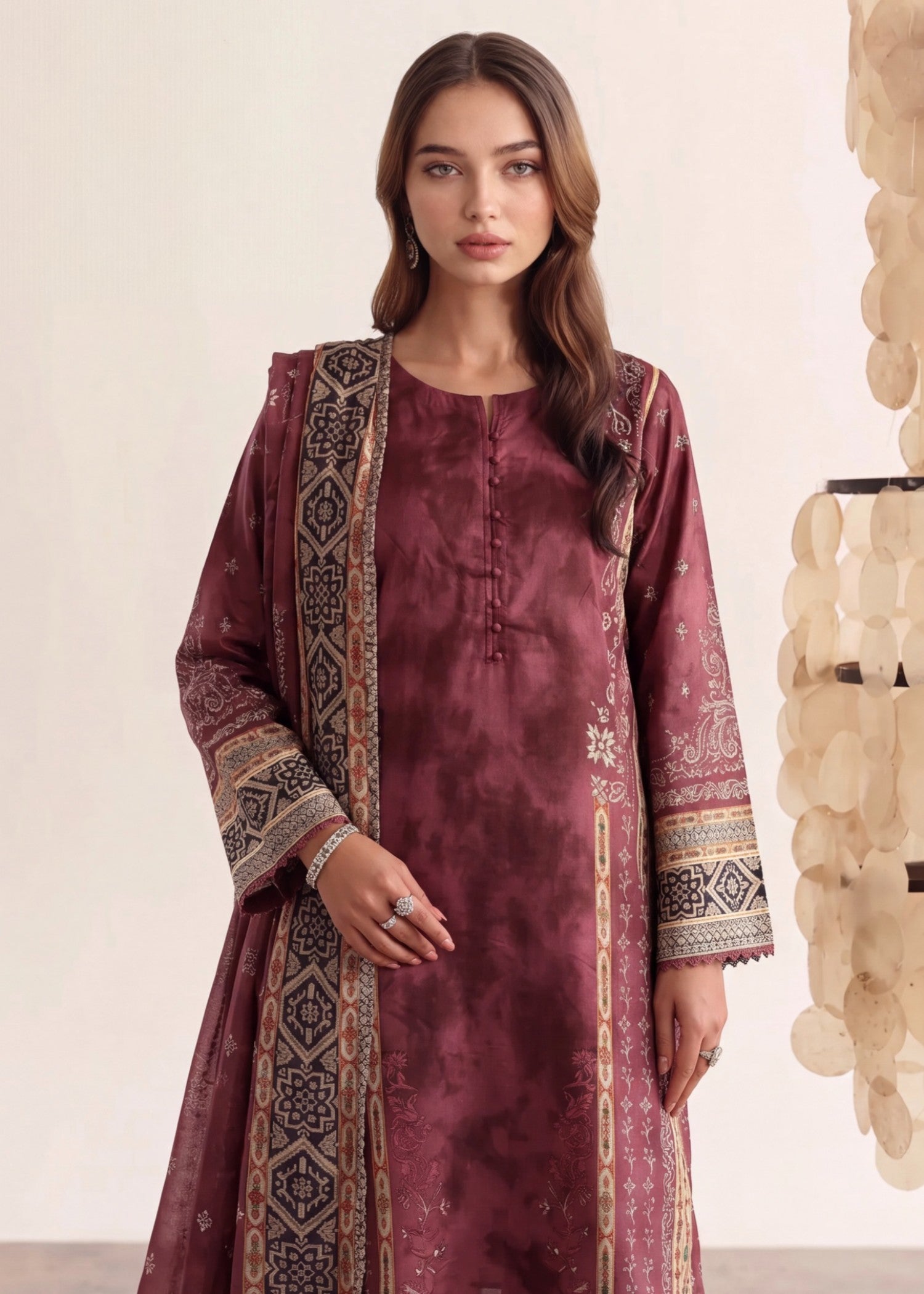 poly lawn Kurta Set in Dark raspberry