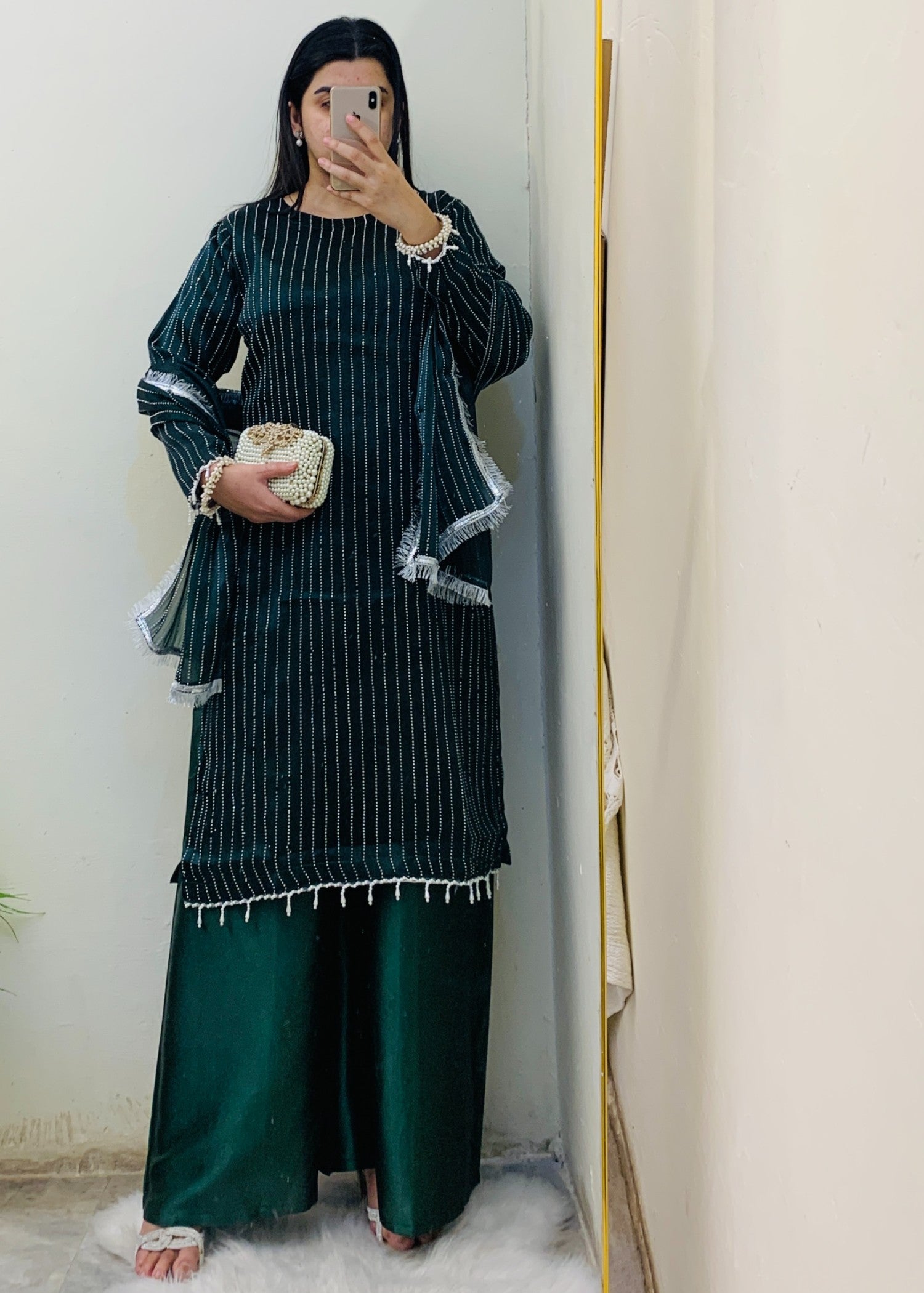 crinkle Kurta Set in Bottle green