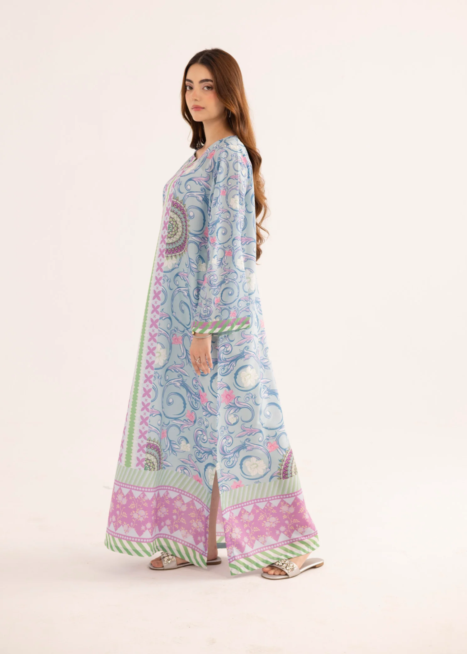 silk finish lawn Kaftan in Ice blue