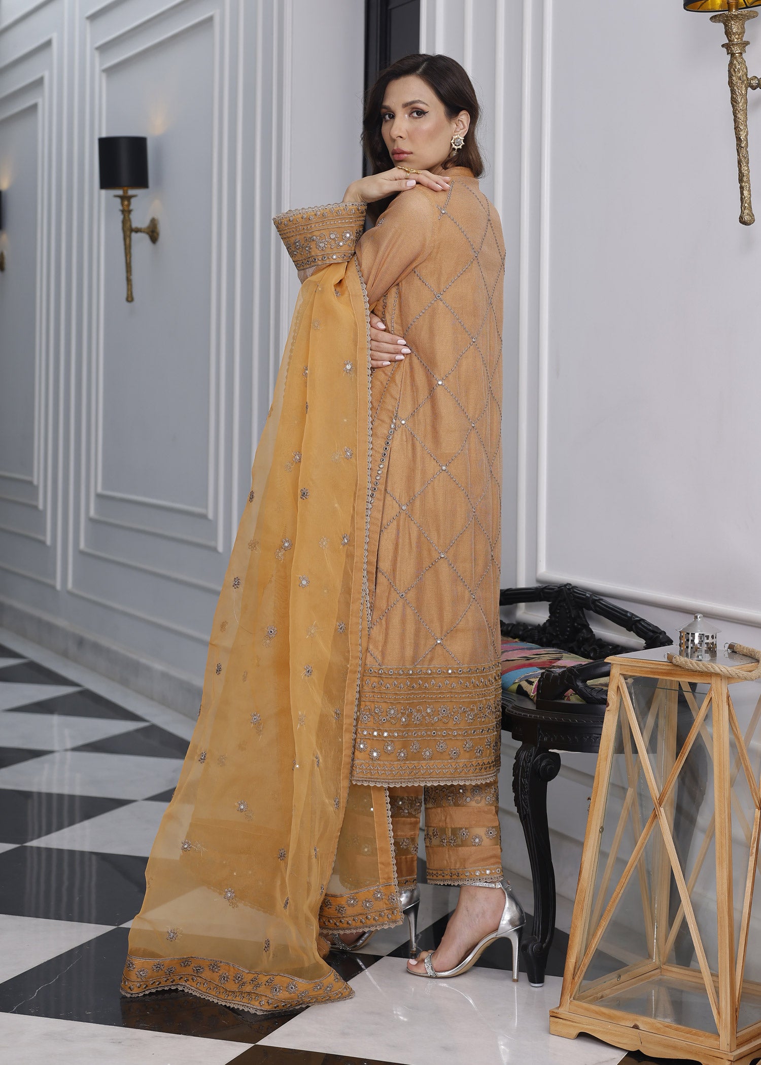khaddi net Unstitched in Orange