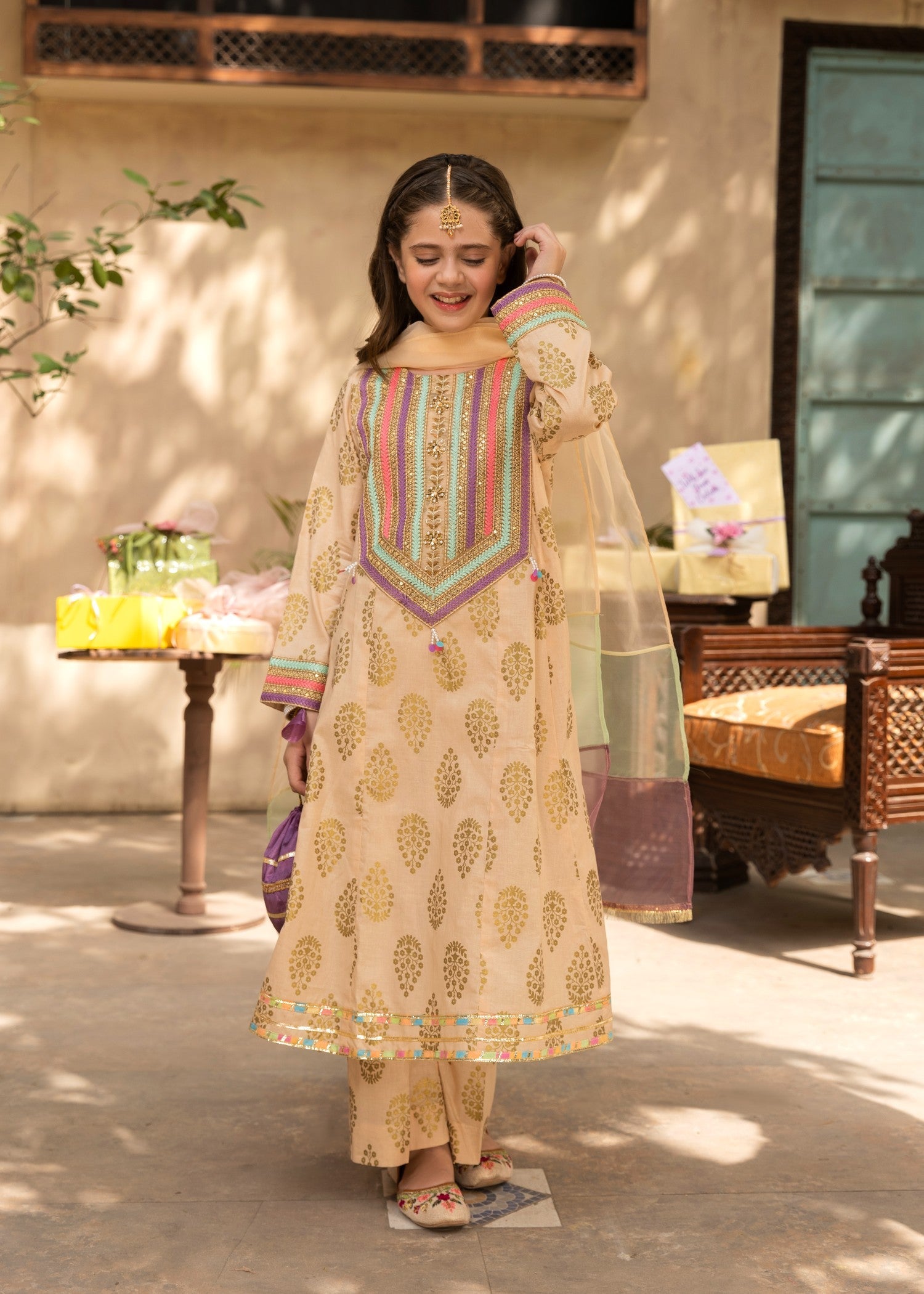 lawn cotton Pishwas in Beige