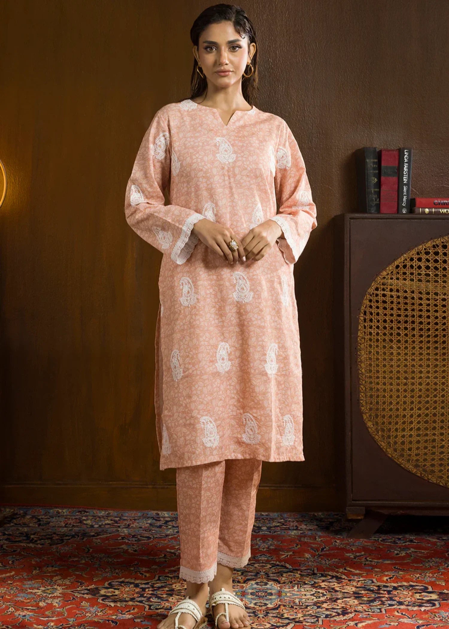 khaddar Kurta Set in Peach pink