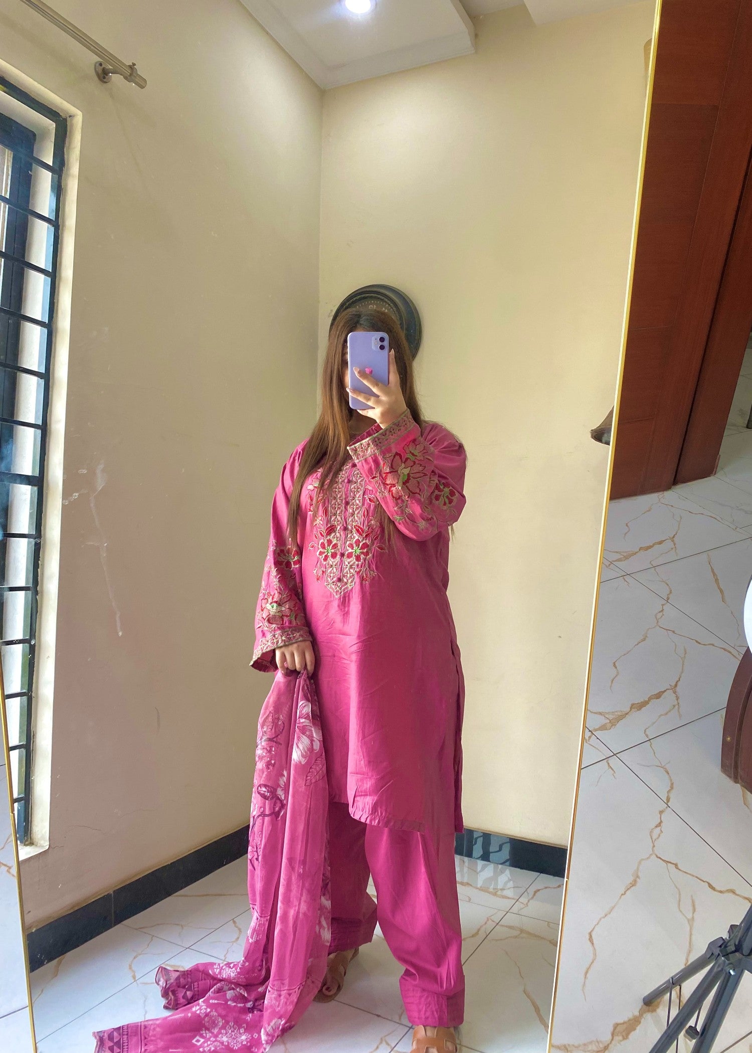 lawn cotton Kurta Set in Deep pink