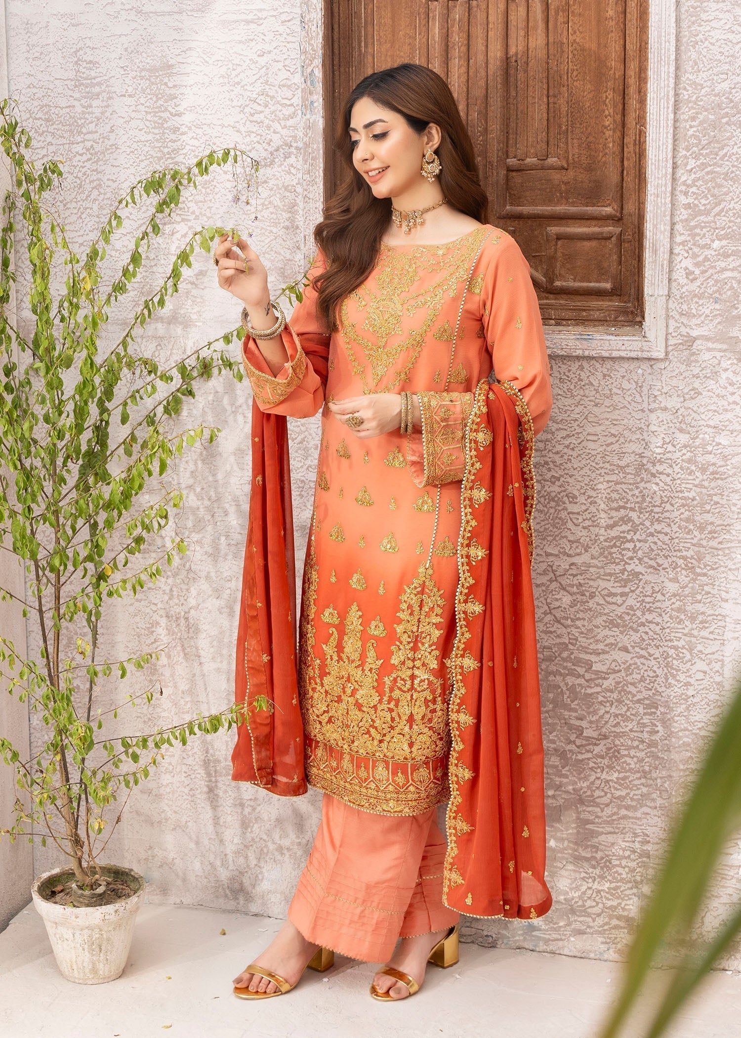 chiffon Kurta Set in Coral orange