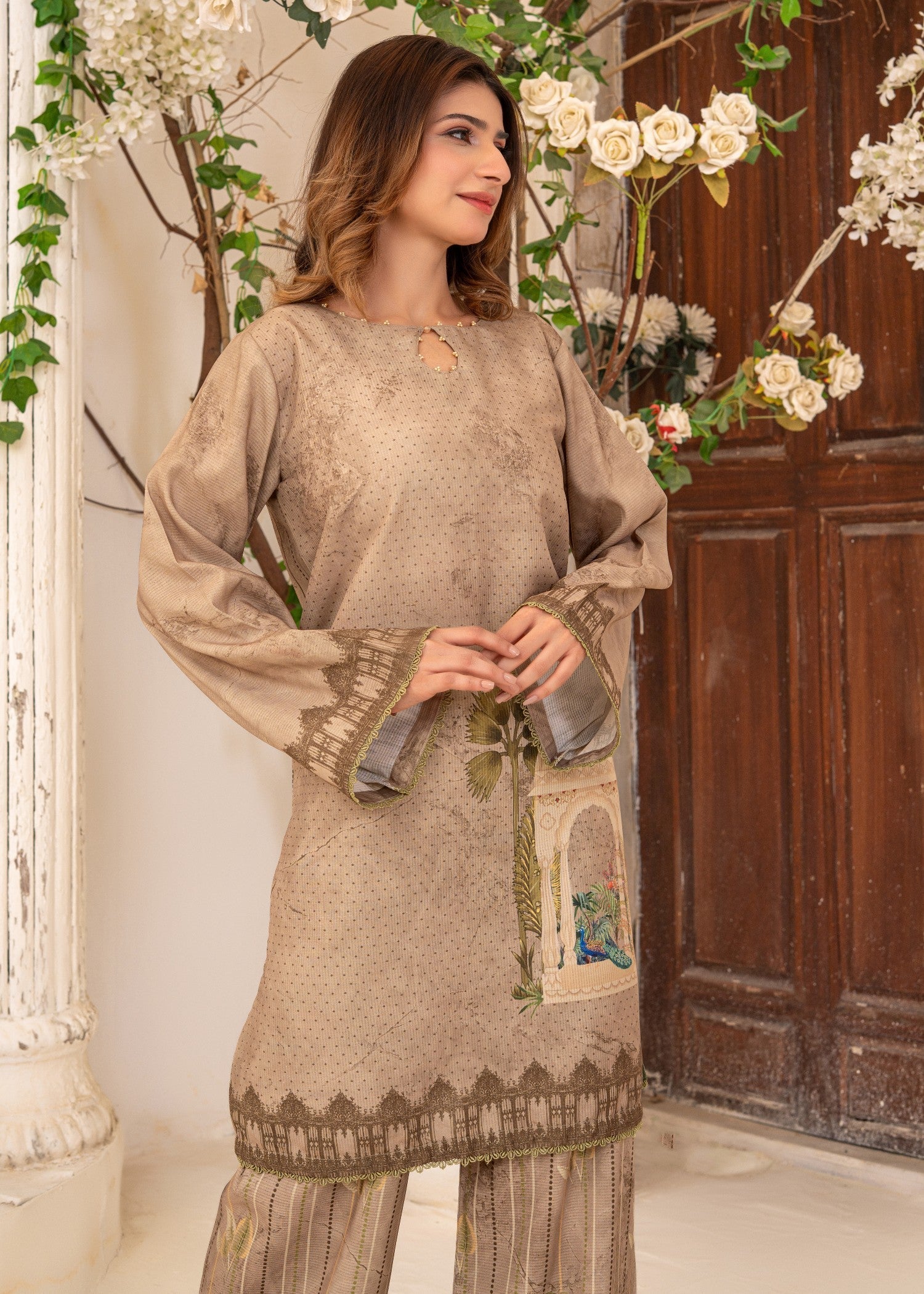 swiss lawn Kurta Set in Caramel brown