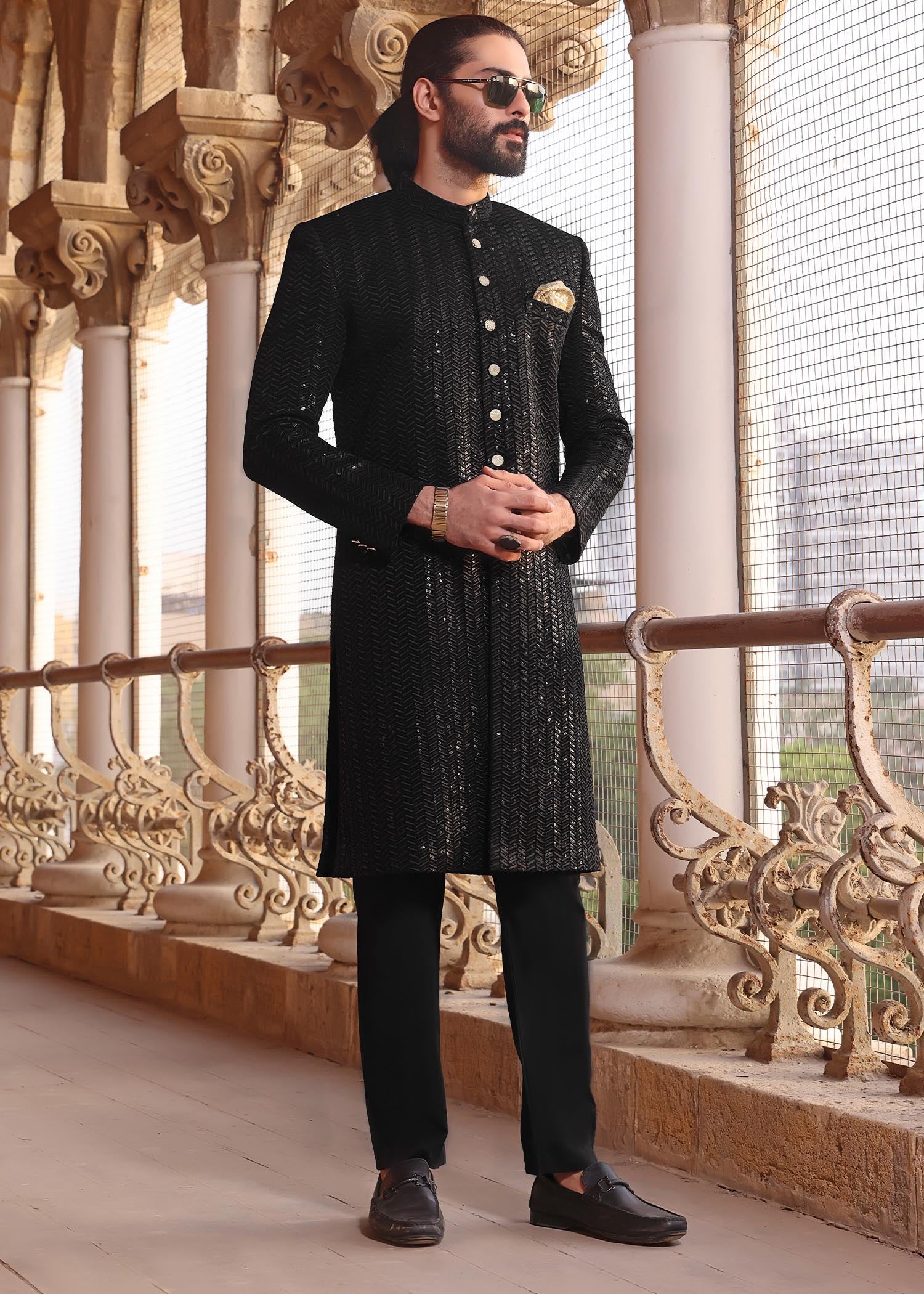 banarsi silk Sherwani in Black