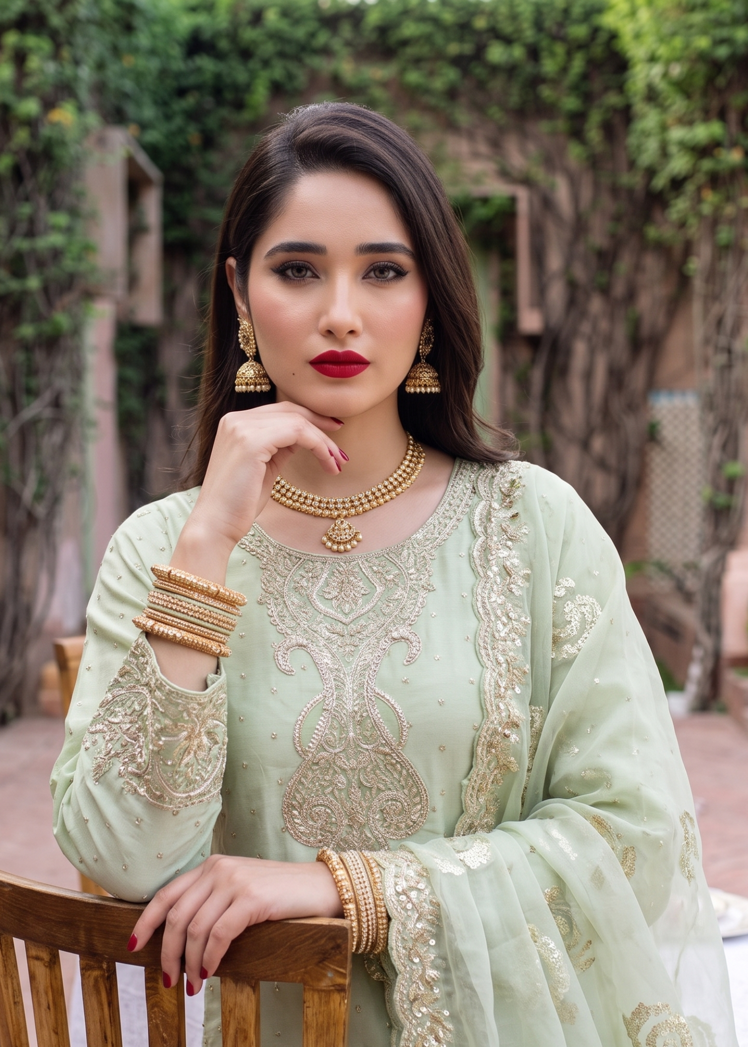 chiffon Kurta Set in Pistachio green