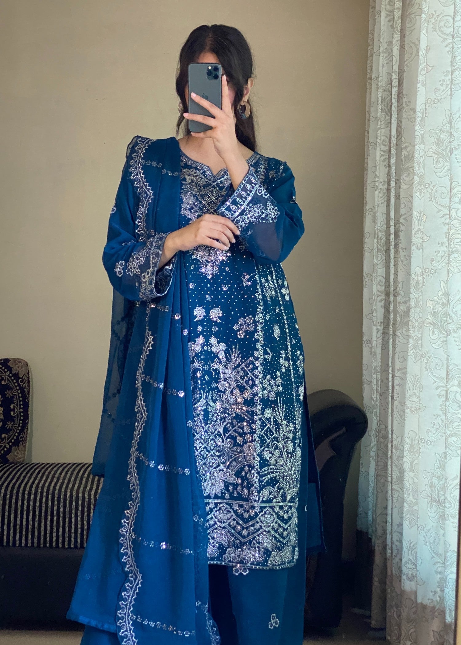 chiffon Kurta Set in Teal, blue