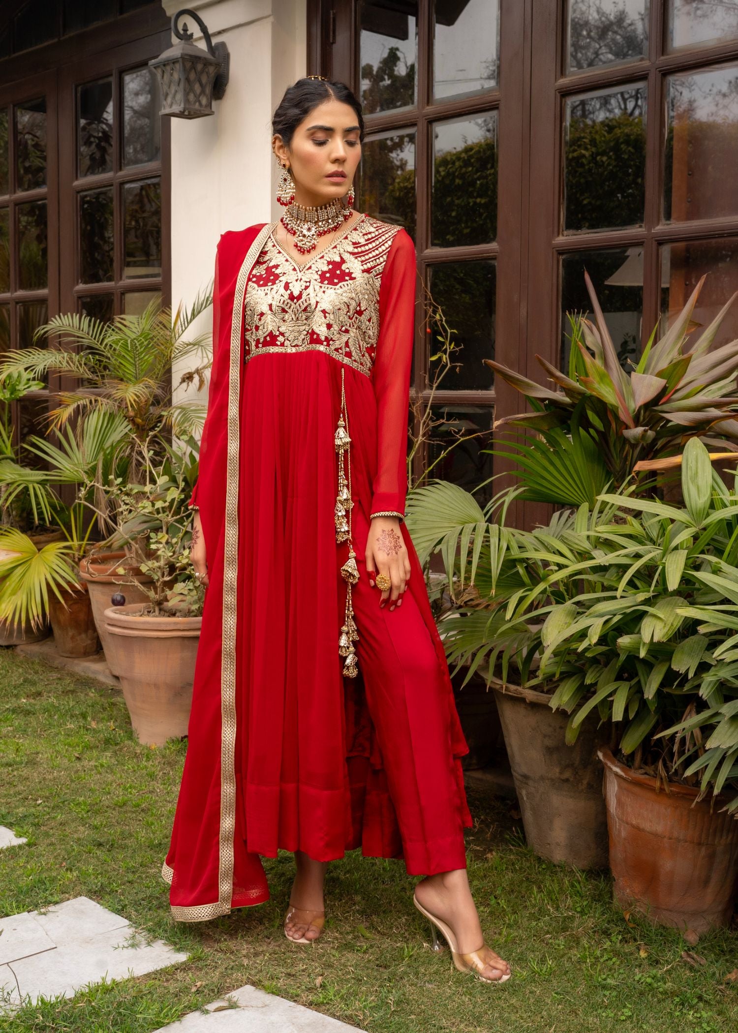 bemberg crinkle chiffon Angrakha in Red