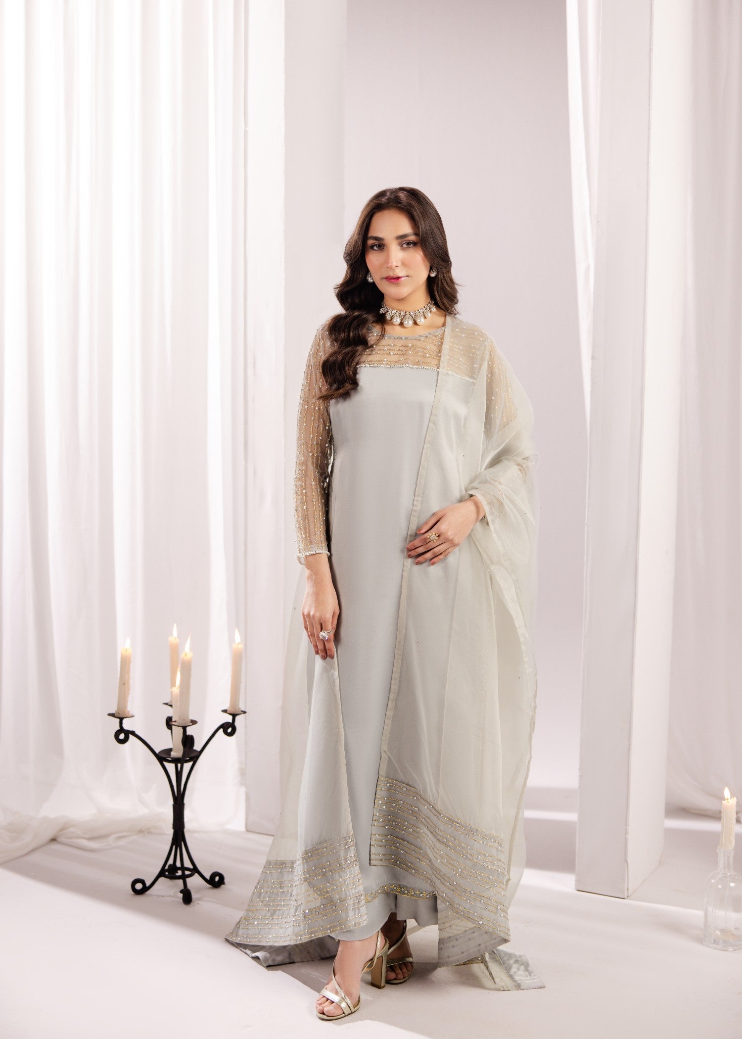 silk Kurta Set in Light grey