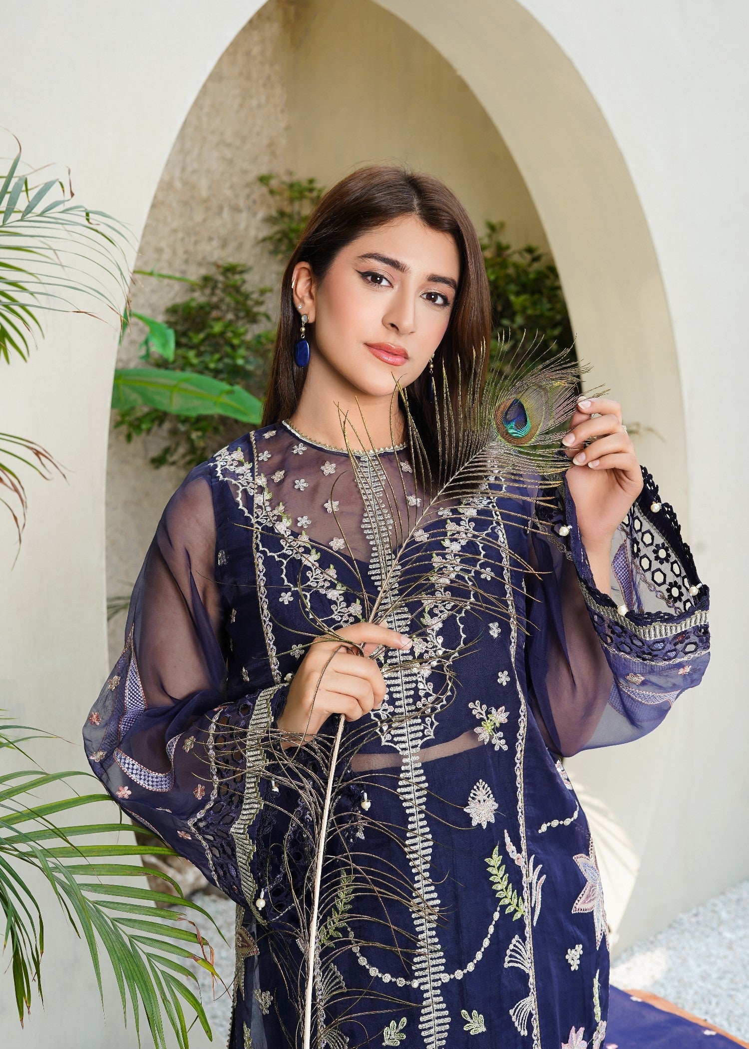 organza Kurta Set in Midnight blue